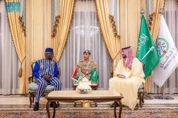 Saudi Minister of Defense Prince Khalid bin Salman bin Abdulaziz meets with Minister of State and Minister of Defense and Veterans of Burkina Faso, Maj. Gen. Kassoum Coulibaly in Riyadh on Sunday. (SPA)