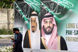 Billboards with images of Prince Mohammed bin Salman al-Saud (R), Crown Prince and Prime Minister of Saudi Arabia, and Custodian of the Two Holy Mosques King Salman bin Abdulaziz al-Saud (L) are displayed at a road in Islamabad, Pakistan, 04 May 2024. (EPA) 