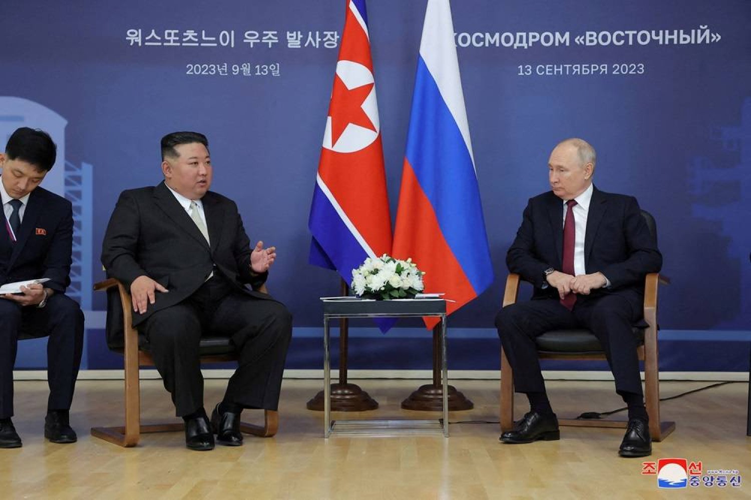 Russia's President Vladimir Putin and North Korea's leader Kim Jong Un attend a meeting at the Vostochny Cosmodrome in the far eastern Amur region, Russia, September 13, 2023 in this image released by North Korea's Korean Central News Agency. (KCNA via Reuters)