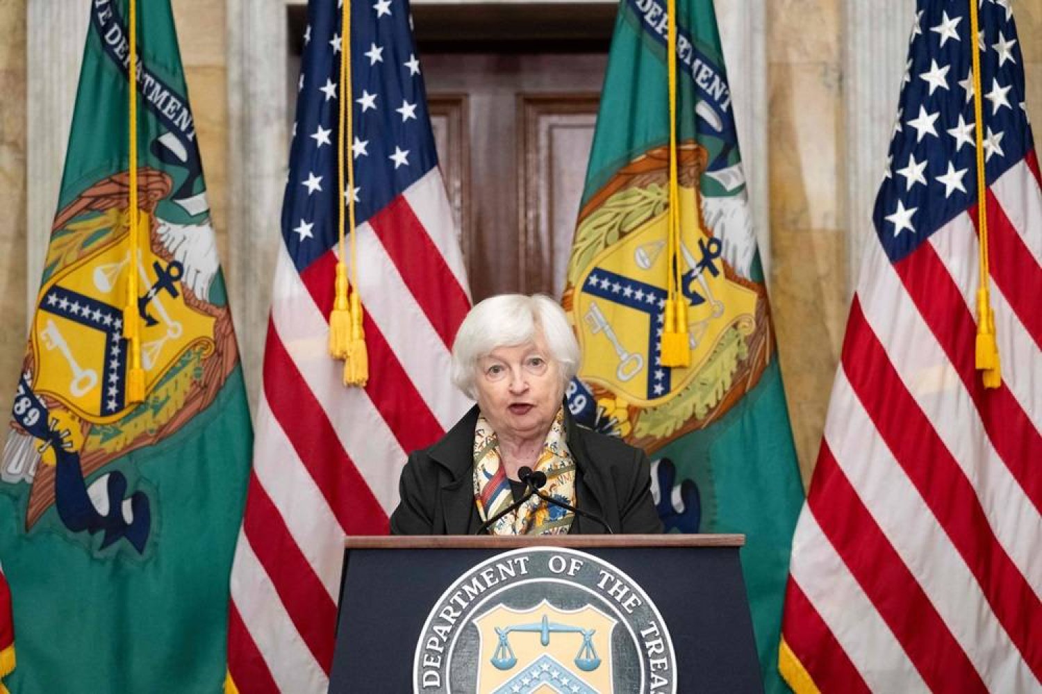  US Treasury Secretary Janet Yellen speaks during a press conference amid the IMF-World Bank Group spring meetings, at the Treasury Department in Washington, DC on April 16, 2024. (AFP)