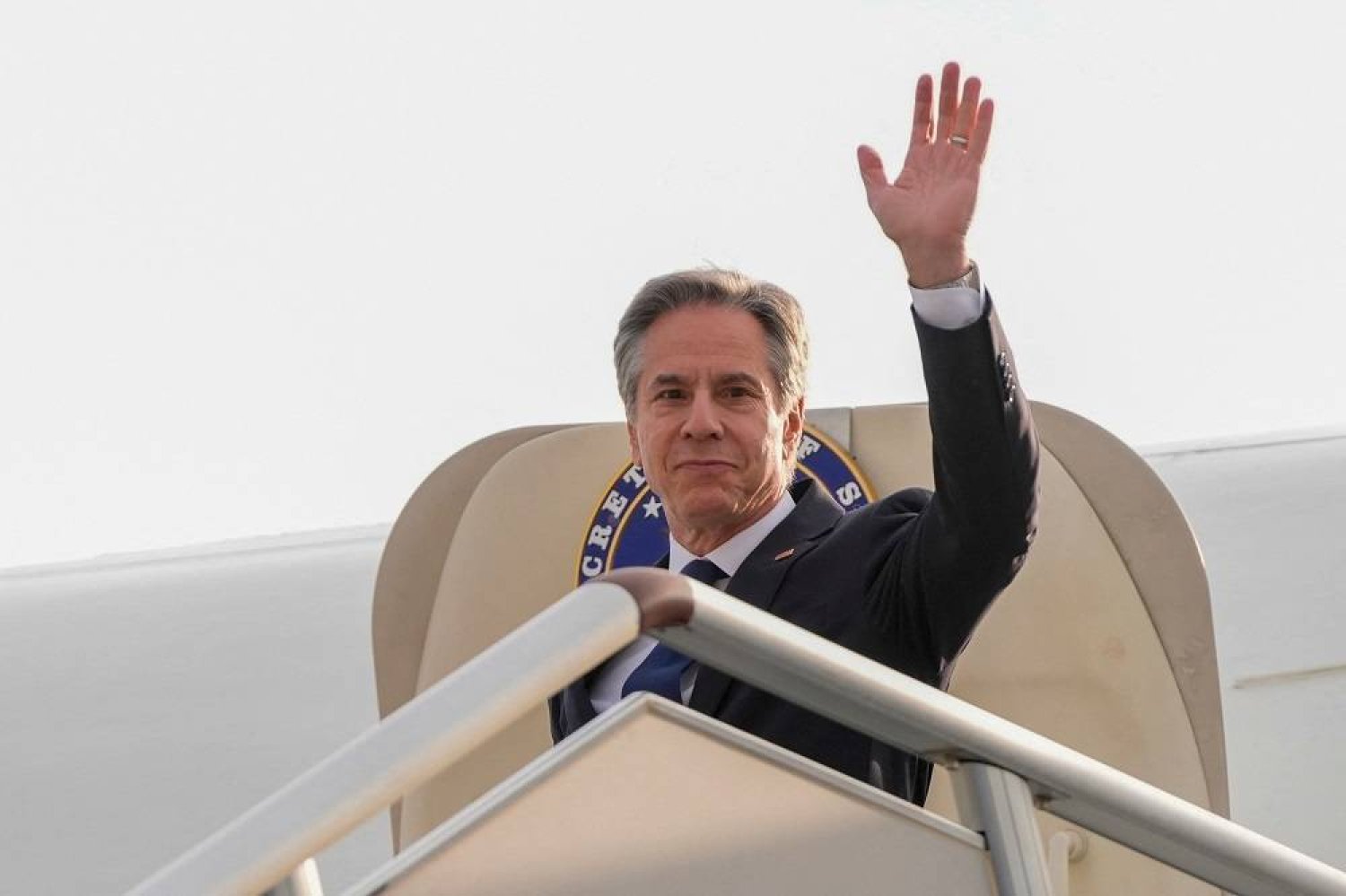 US Secretary of State Antony Blinken waves upon his arrival in Shanghai, China, April 24, 2024. (Reuters)