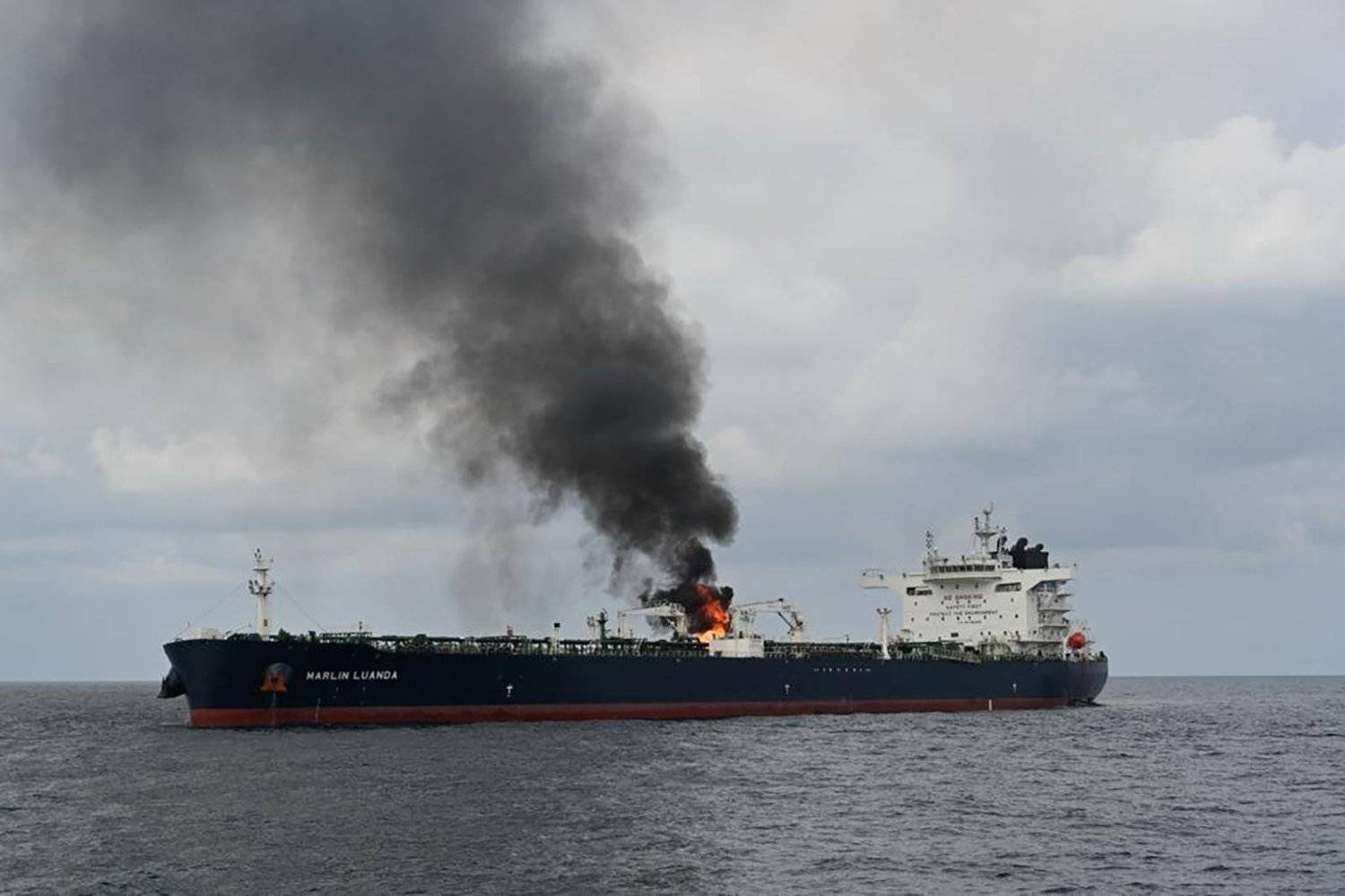 FILED - 27 January 2024, Yemen, Gulf of Aden: The Marlin Luanda vessel on fire in the Gulf of Aden after it was reportedly struck by an anti-ship missile fired from a Houthi controlled area of Yemen. Photo: Indian Navy via ZUMA Wire/dpa
