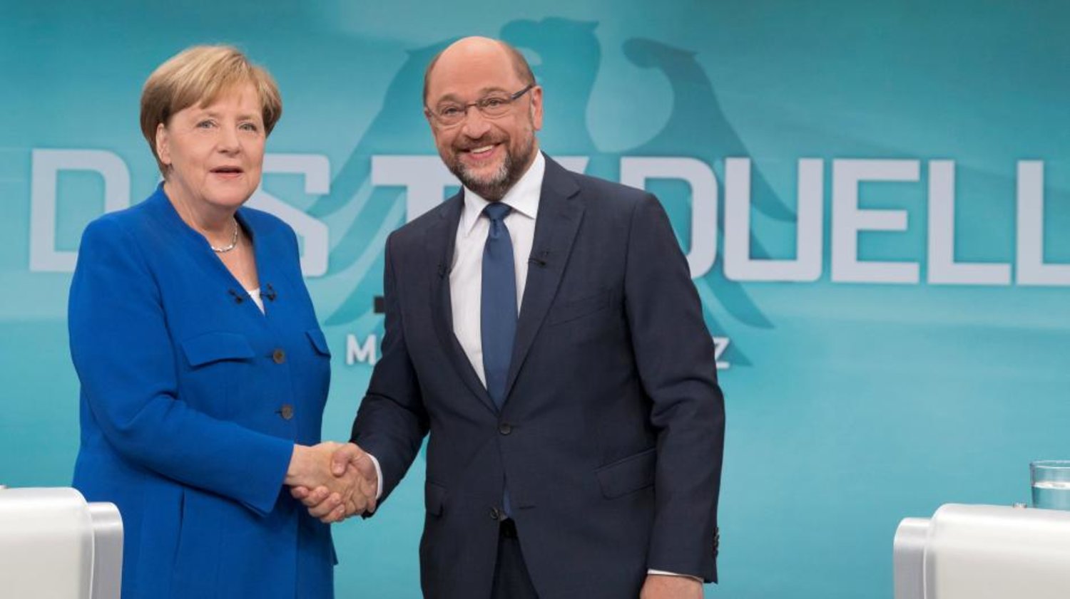 German Chancellor Angela Merkel and her challenger, Social Democratic Party SPD candidate Martin Schulz, take part in a TV debate in Berlin, Germany. (Reuters)