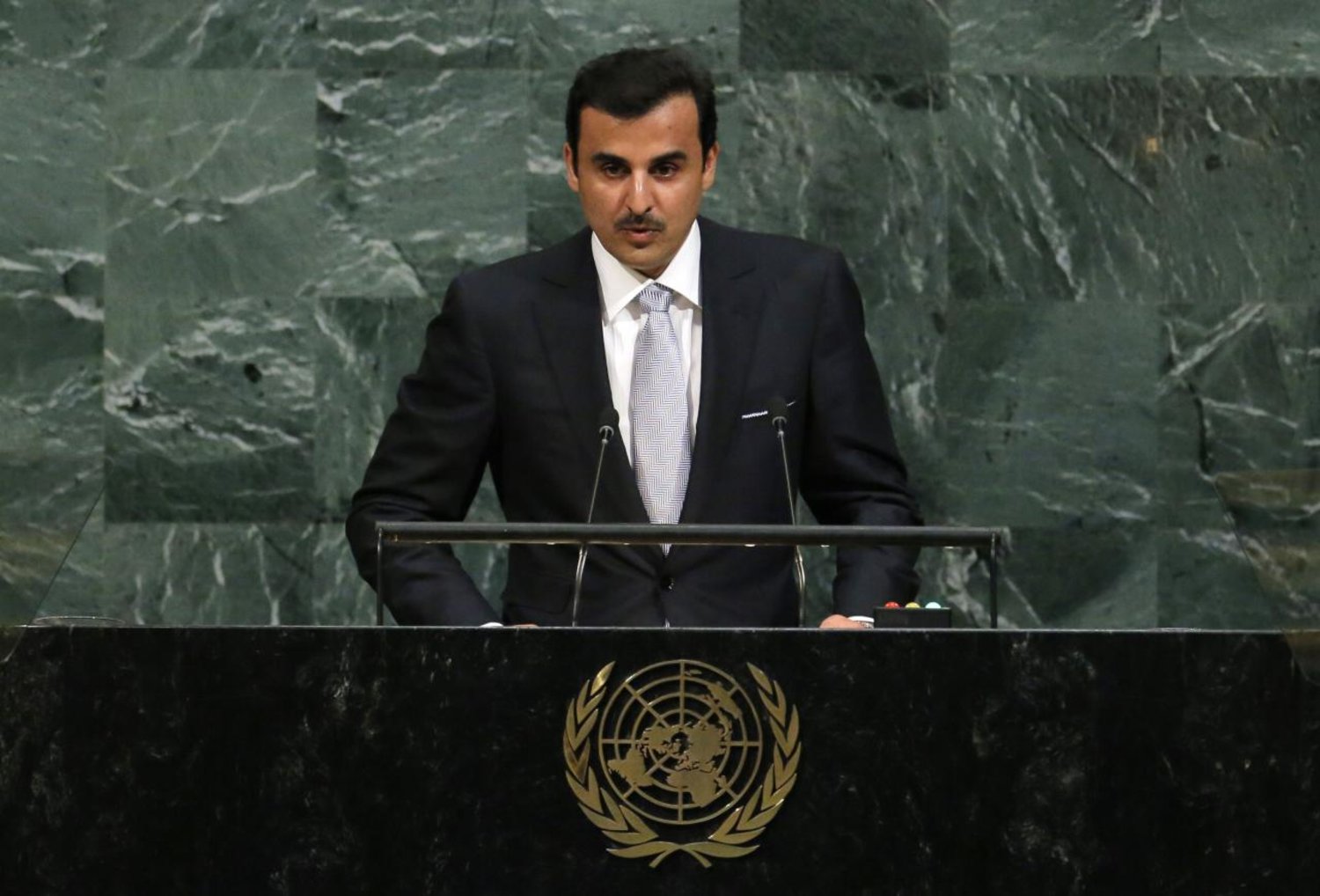 Qatar Emir Sheikh Tamim bin Hamad al-Thani addresses the 72nd United Nations General Assembly at UN headquarters in New York, US, September 19, 2017. REUTERS/Lucas Jacksonz