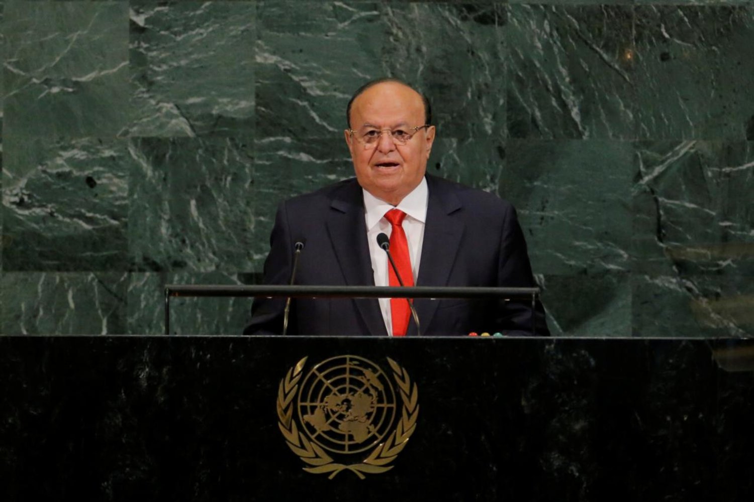 Abdrabbuh Mansour Hadi Mansour, President of the Republic of Yemen, addresses the 72nd United Nations General Assembly at UN headquarters in New York, US, September 21, 2017. REUTERS/Lucas Jackson