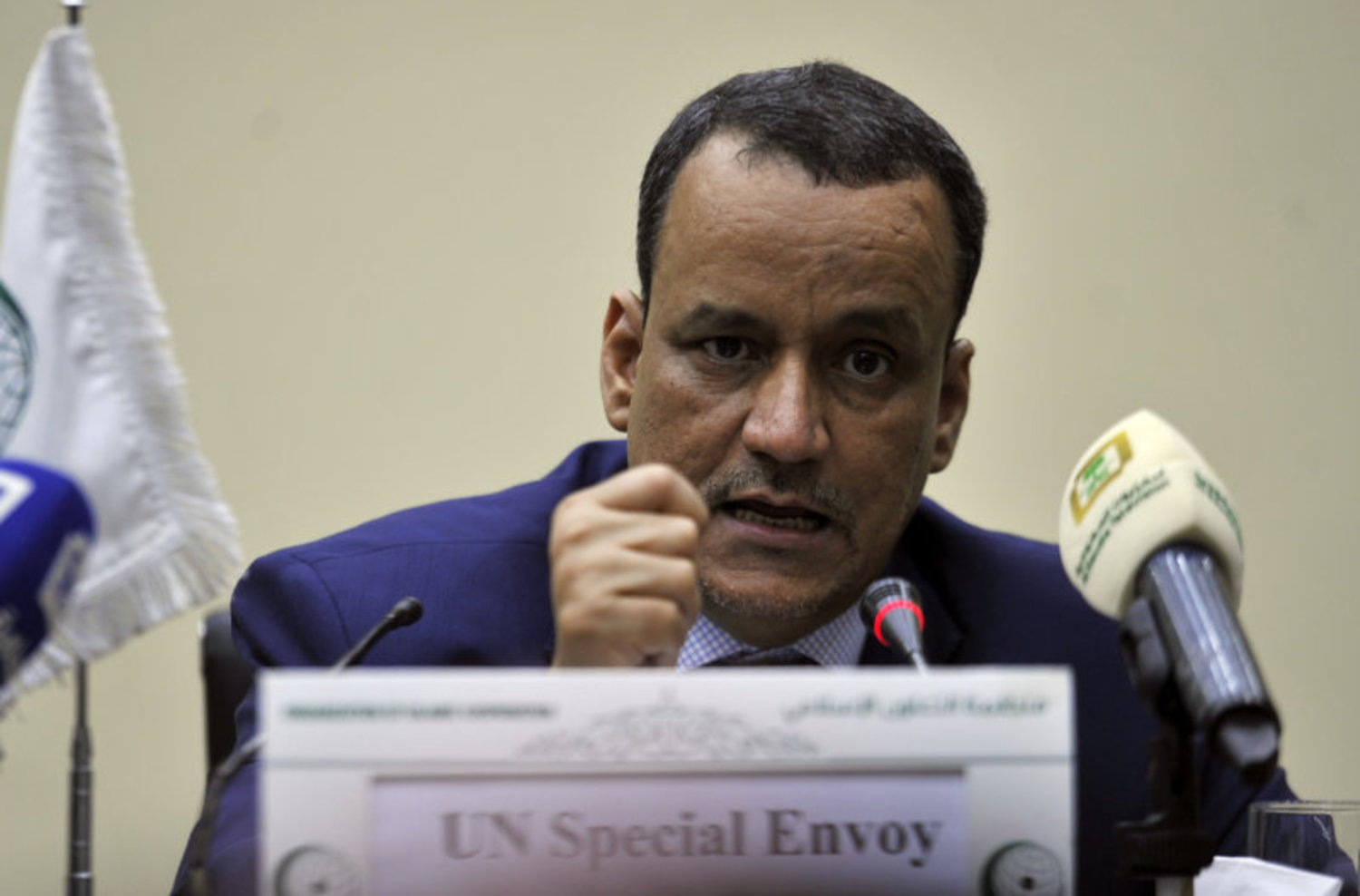 United Nations Special Envoy for Yemen Ismail Ould Cheikh Ahmed speaks during a press conference with the secretary general of the Organization of Islamic Cooperation (OIC) in Jeddah on August 8, 2016. / AFP PHOTO