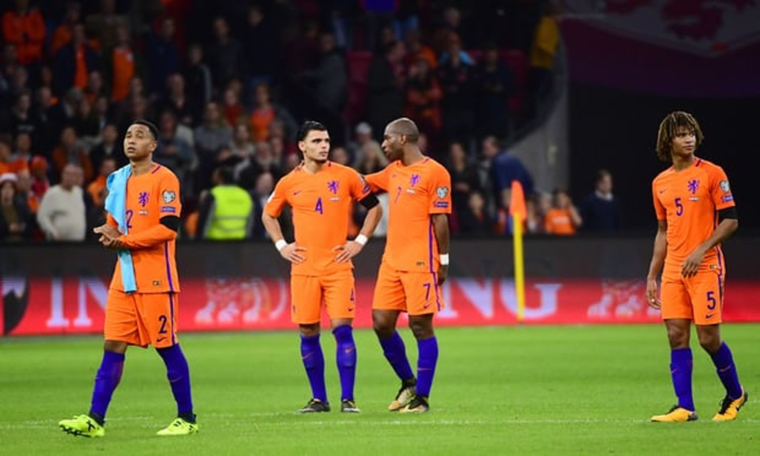  The Holland players react to the disappointment of failing to qualify for their second major football tournament in a row. Photograph: Emmanuel Dunand/AFP/Getty Images  
