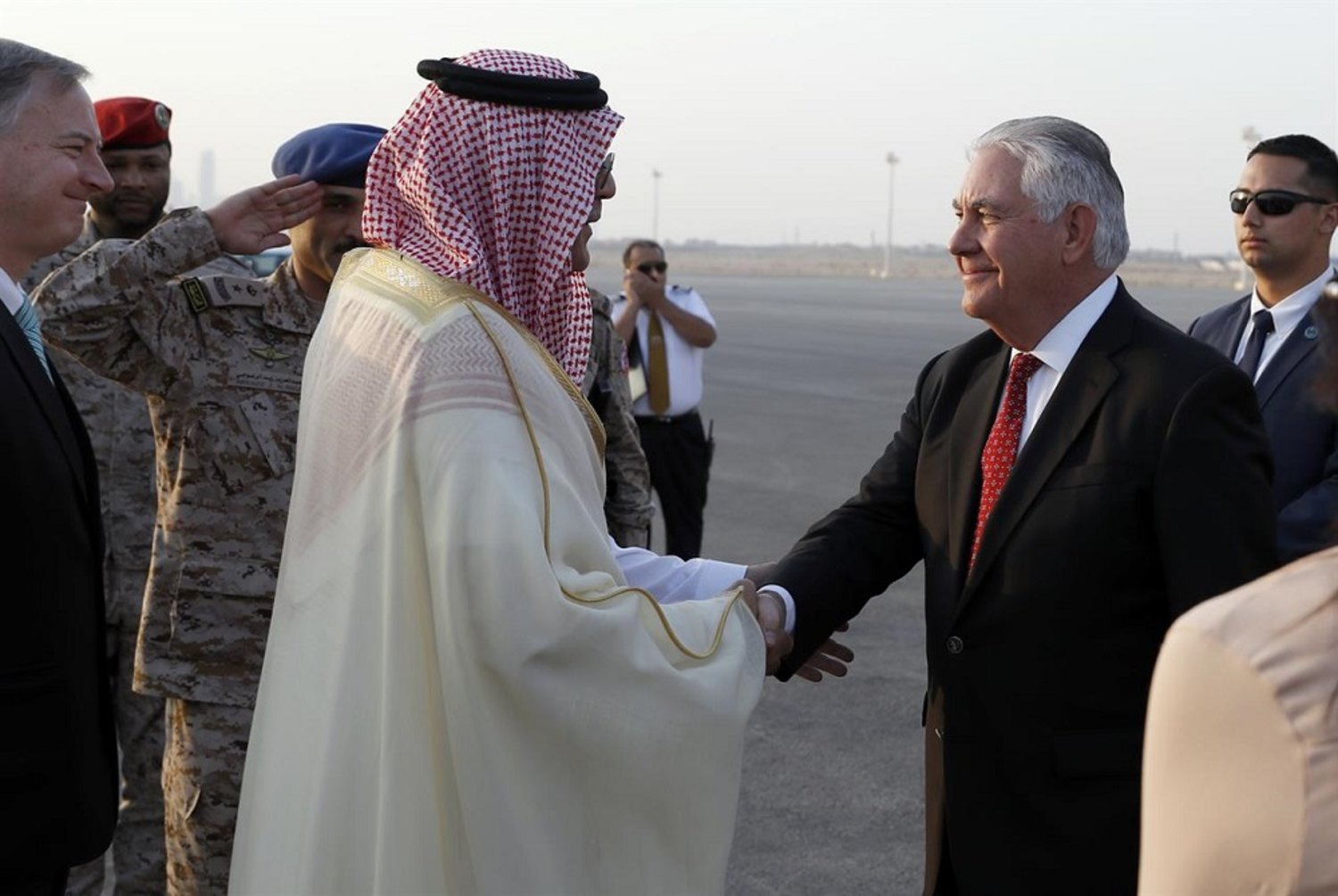 US Secretary of State Rex Tillerson is greeted as he arrives at King Salman Air Base October 21, 2017, in Riyadh, Saudi Arabia. (AP)