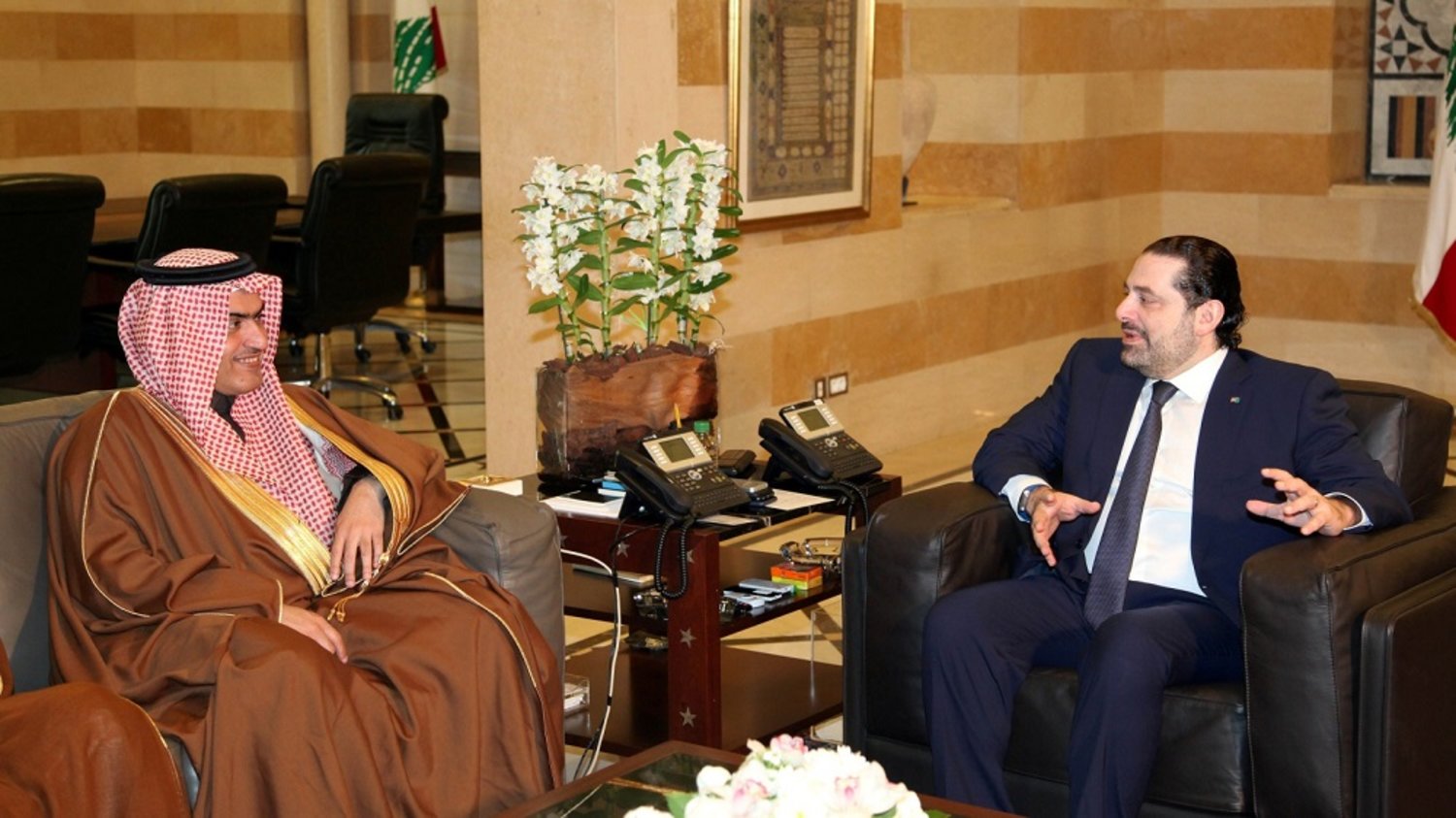 Lebanon's resigned Prime Minister Saad al-Hariri meets with Saudi Arabia's Arab Gulf Affairs Minister Thamer Al-Sabhan in Beirut on February 6, 2017. (Reuters)