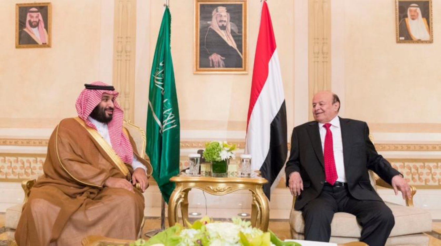 Saudi Crown Prince Mohammed bin Salman with the President of the Republic of Yemen Abd Rabbu Mansour Hadi. SPA