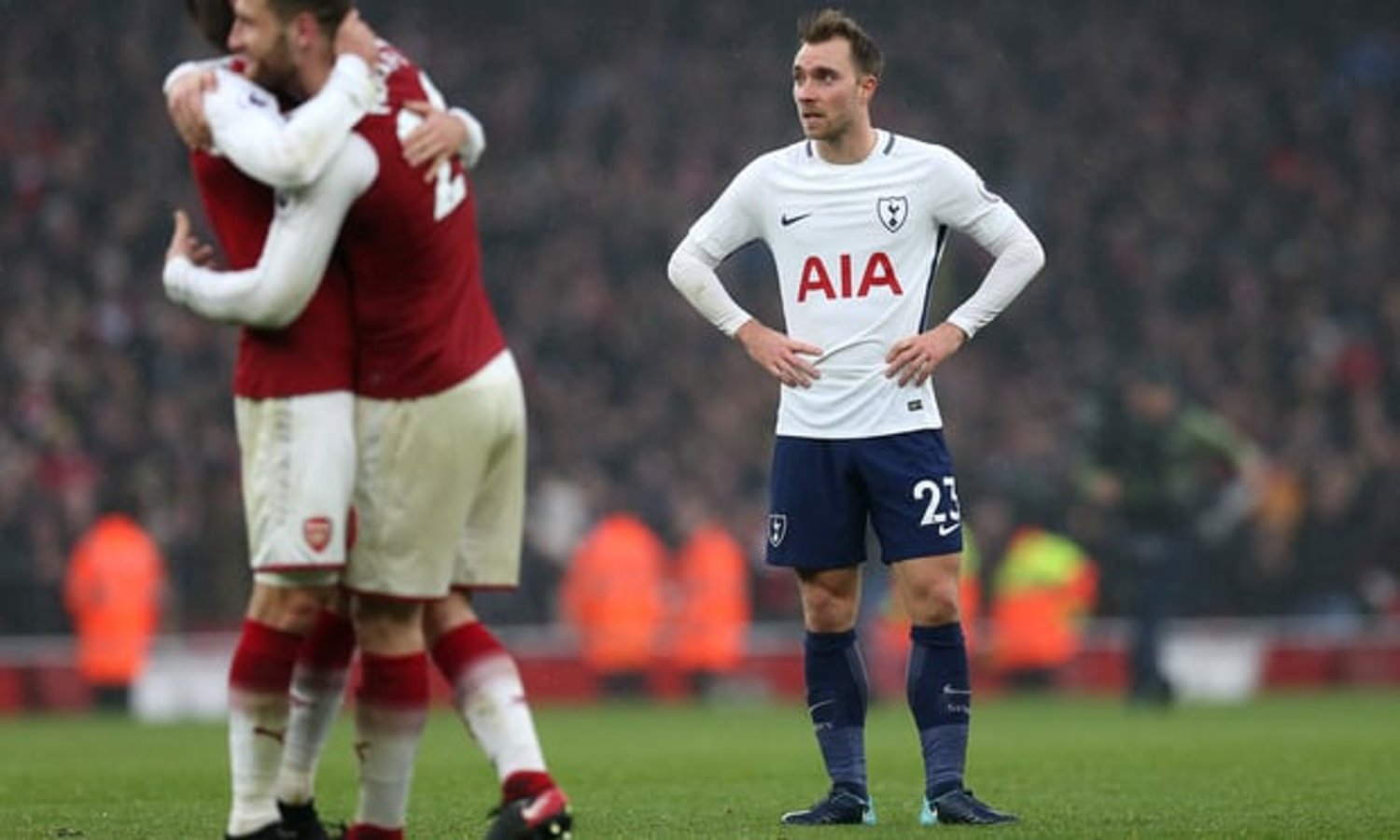  Christian Eriksen’s face shows the disappointment after Tottenham lost the north London derby 2-0 at Arsenal on Saturday. Photograph: Tottenham Hotspur FC/(Credit too long, see caption)
 