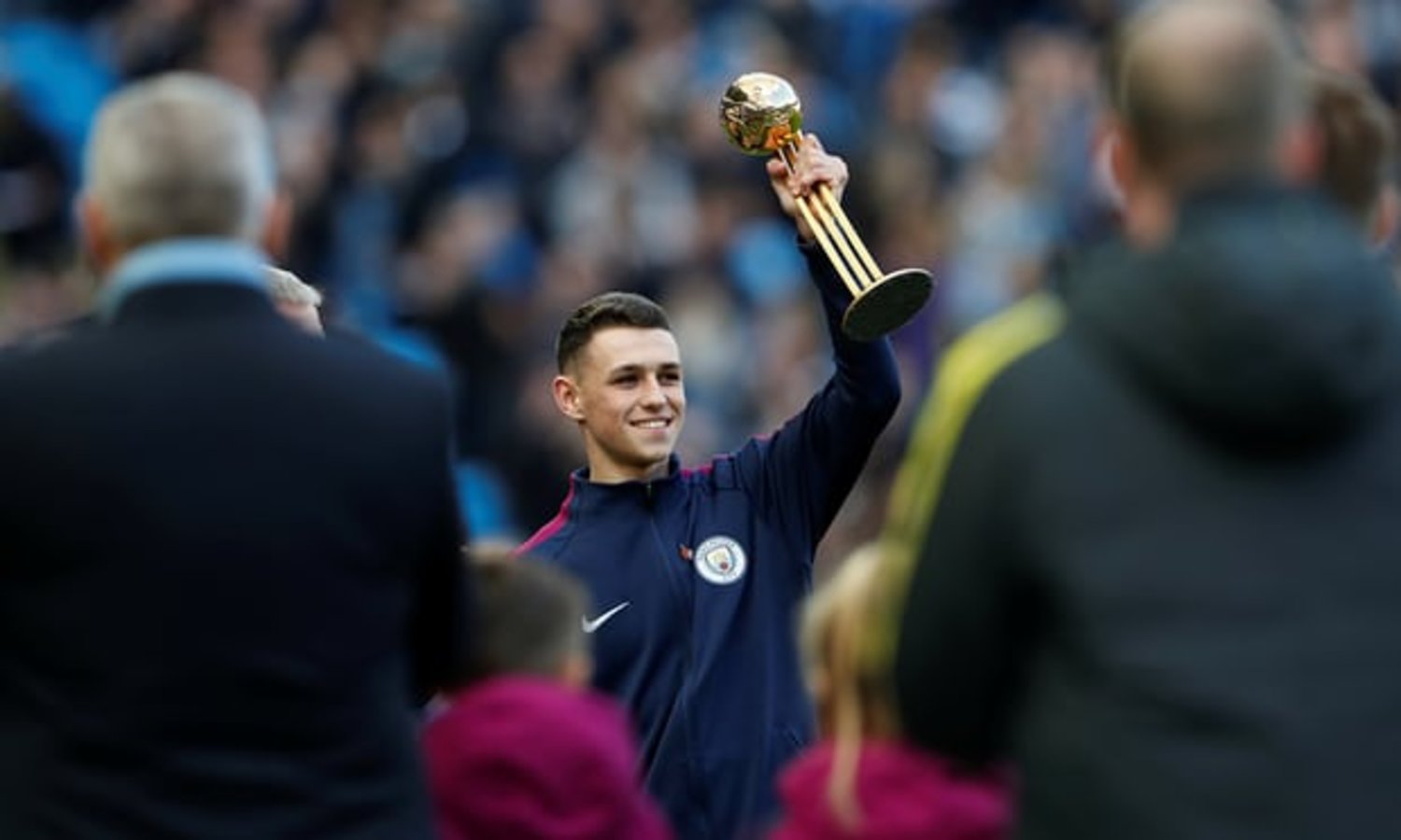  Manchester City’s Phil Foden with his Golden Ball trophy from the Under-17s World Cup before the match with Arsenal at the start of November. Photograph: Lee Smith/Reuters
 