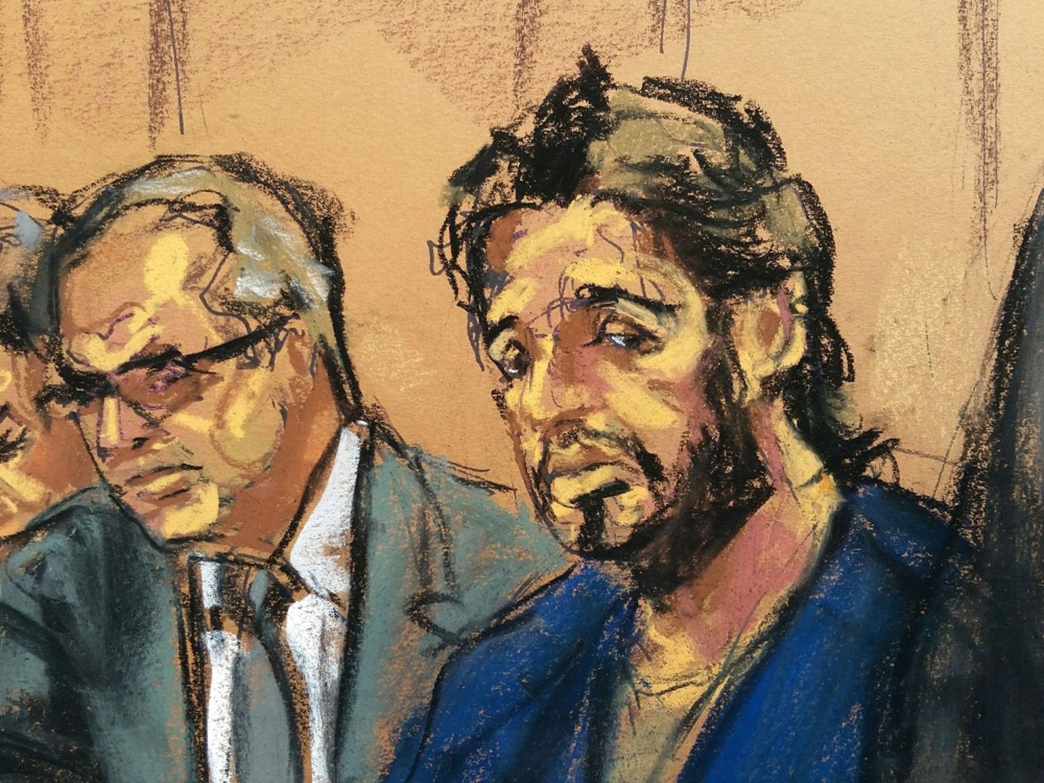 Turkish gold trader Reza Zarrab is shown in this court room sketch with lawyer Marc Agnifilo as he appears in Manhattan federal court in New York, US, April 24, 2017. (Reuters)