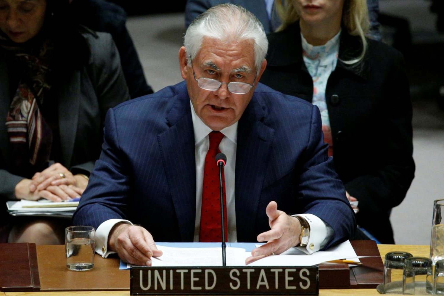 US Secretary of State Rex Tillerson speaks during a United Nations Security Council meeting, to discuss a North Korean missile program. (Reuters)