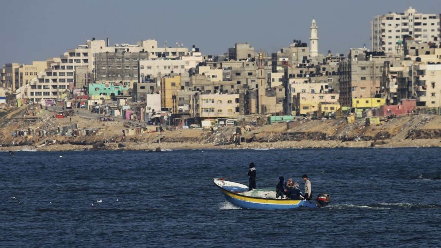 Palestinian fishermen on a boat off the coast of the Gaza Strip, February 9, 2016. (AP)
