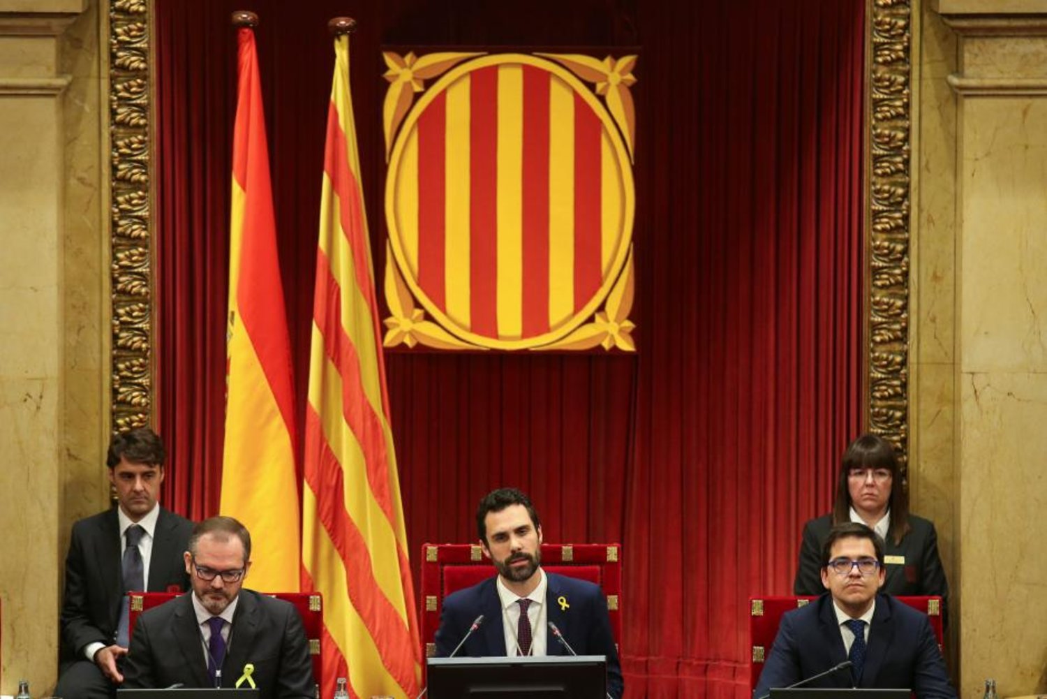 Roger Torrent, new Speaker of Catalan parliament, delivers his speech during the first session of Catalan parliament after the regional elections. (Reuters)
