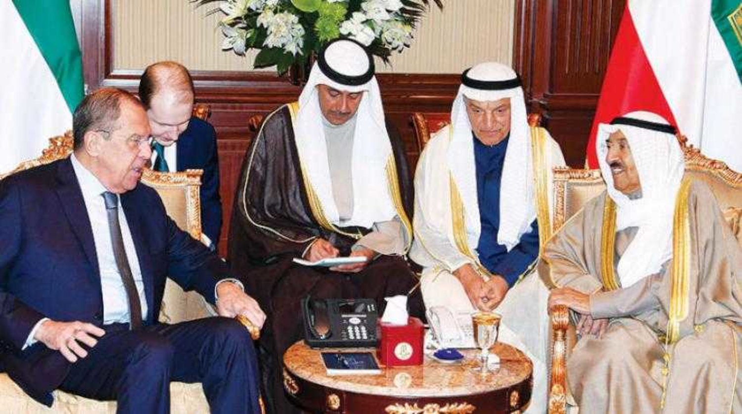Emir Sheikh Sabah al-Ahmad al-Sabah with Sergei Lavrov on Wednesday, March 6, 2019 in Kuwait. (Asharq Al-Awsat)