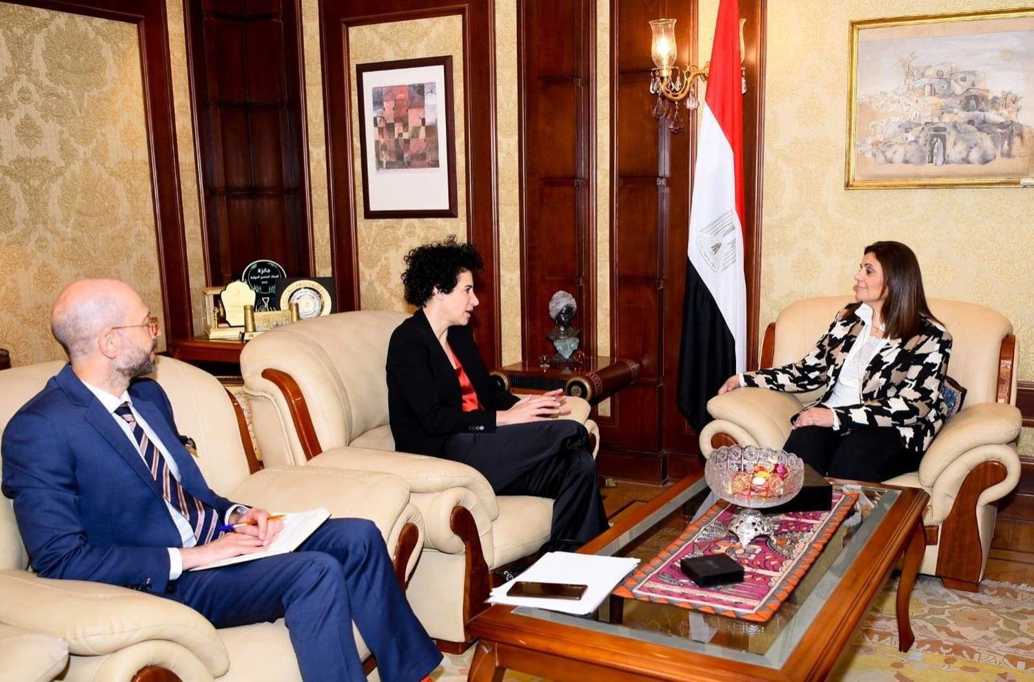 Egyptian Minister of Emigration and Expatriate Affairs Soha Gendy meets with Cypriot Ambassador to Egypt Polly Ioannou in Cairo. (Egyptian government) 