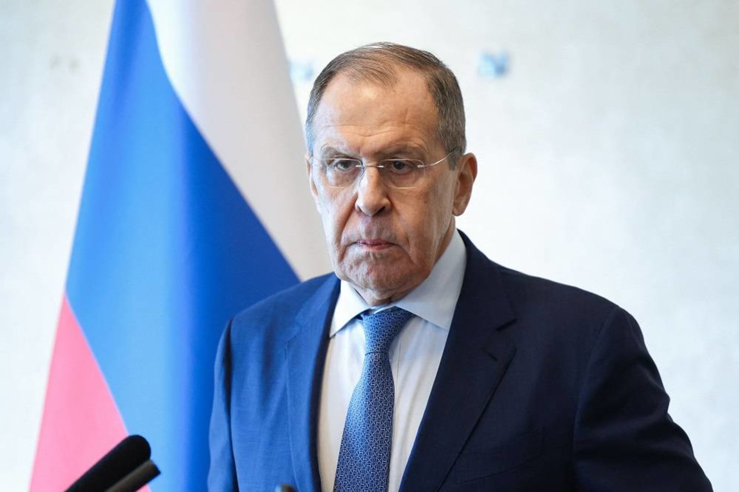 Russian Foreign Minister Sergei Lavrov meets with the media in Nairobi on May 29, 2023. (Photo by Handout / Russian Foreign Ministry / AFP)  