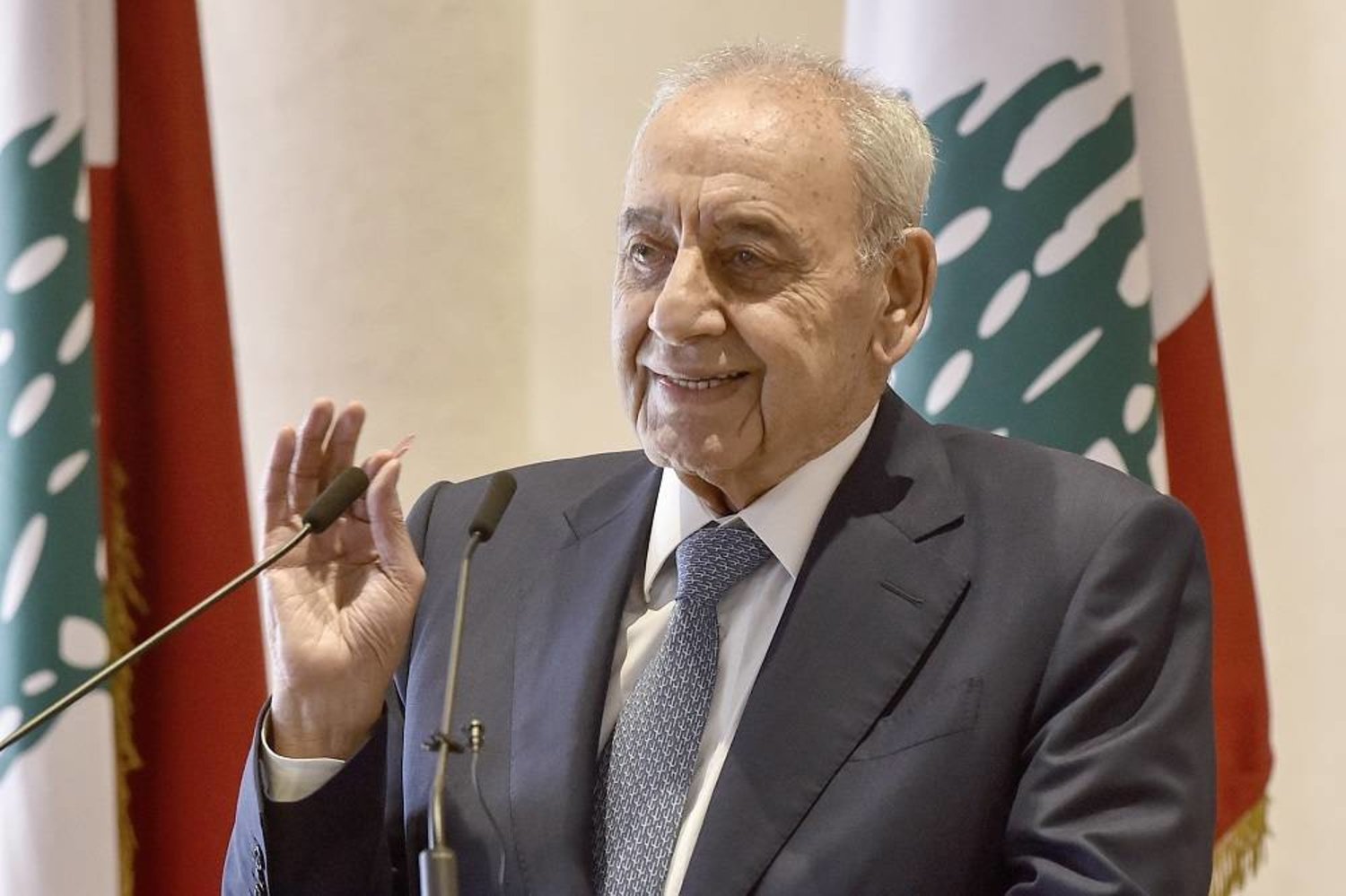 01 October 2020, Lebanon, Beirut: Speaker of the Lebanese parliament Nabih Berri speaks during a press conference. (Lebanese parliament/dpa) 