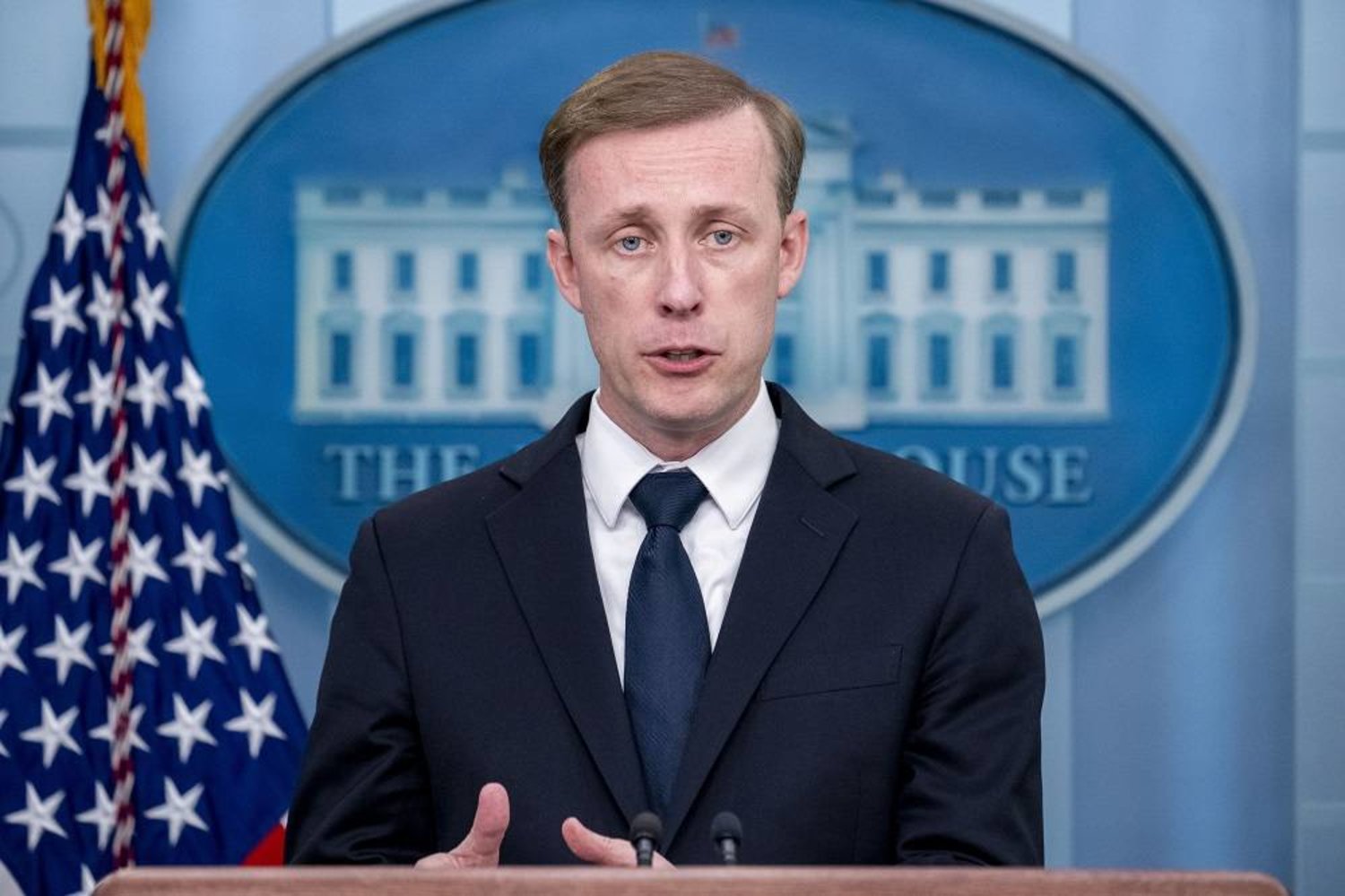 White House national security adviser Jake Sullivan speaks at a press briefing at the White House in Washington, April 24, 2023. (AP) 