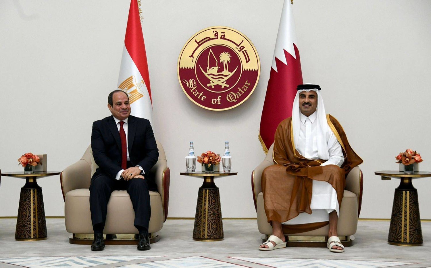 Emir of Qatar Sheikh Tamim bin Hamad Al-Thani and Egyptian President Abdel Fattah al-Sisi meet in Doha in September. (Amiri Diwan on Twitter) 
