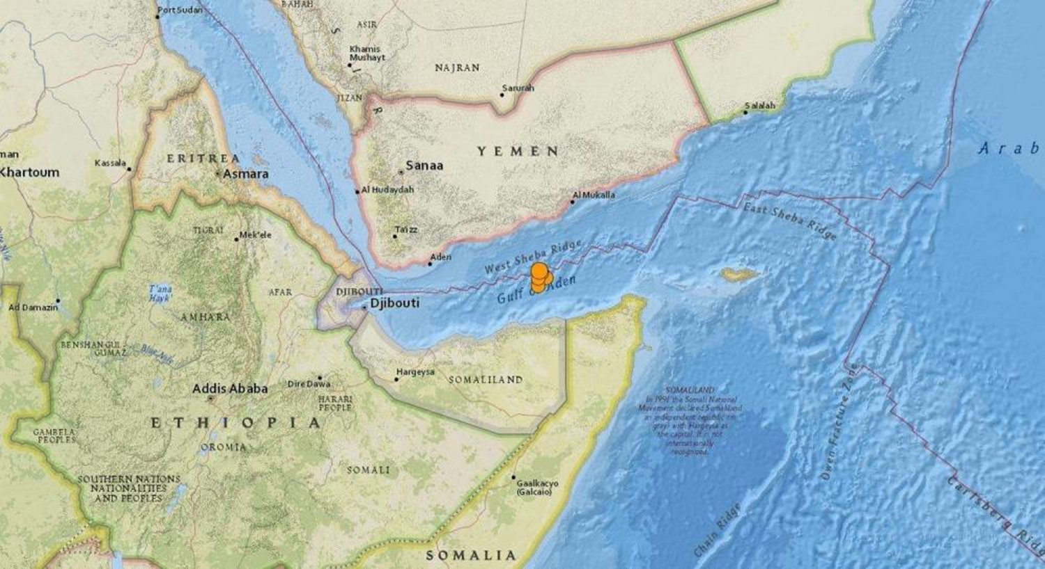 A 5.9-magnitude earthquake struck in the Gulf of Aden region on Saturday. (USGS)