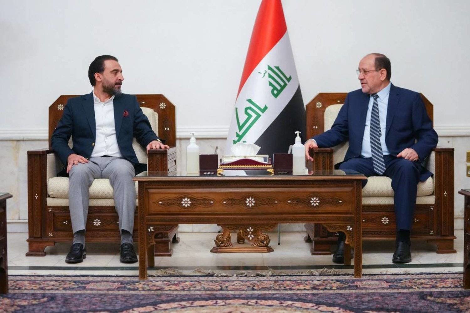 A meeting between Iraq Parliament speaker Mohammad al-Halbousi and Head of the State of Law Coalition Nuri al-Maliki last month (Iraqi Parliament)