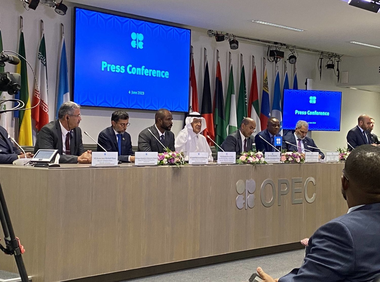 Officials, including Saudi Energy Minister Prince Abdulaziz bin Salman (center), at the OPEC+ meeting in Vienna on Sunday. (Twitter) 