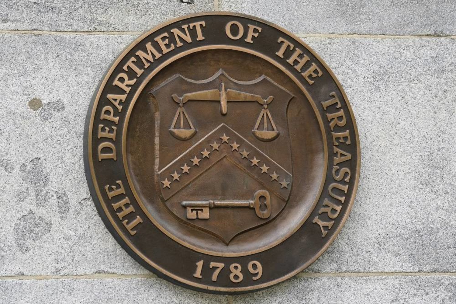 The Department of the Treasury's seal outside the Treasury Department building in Washington on May 4, 2021. (AP)