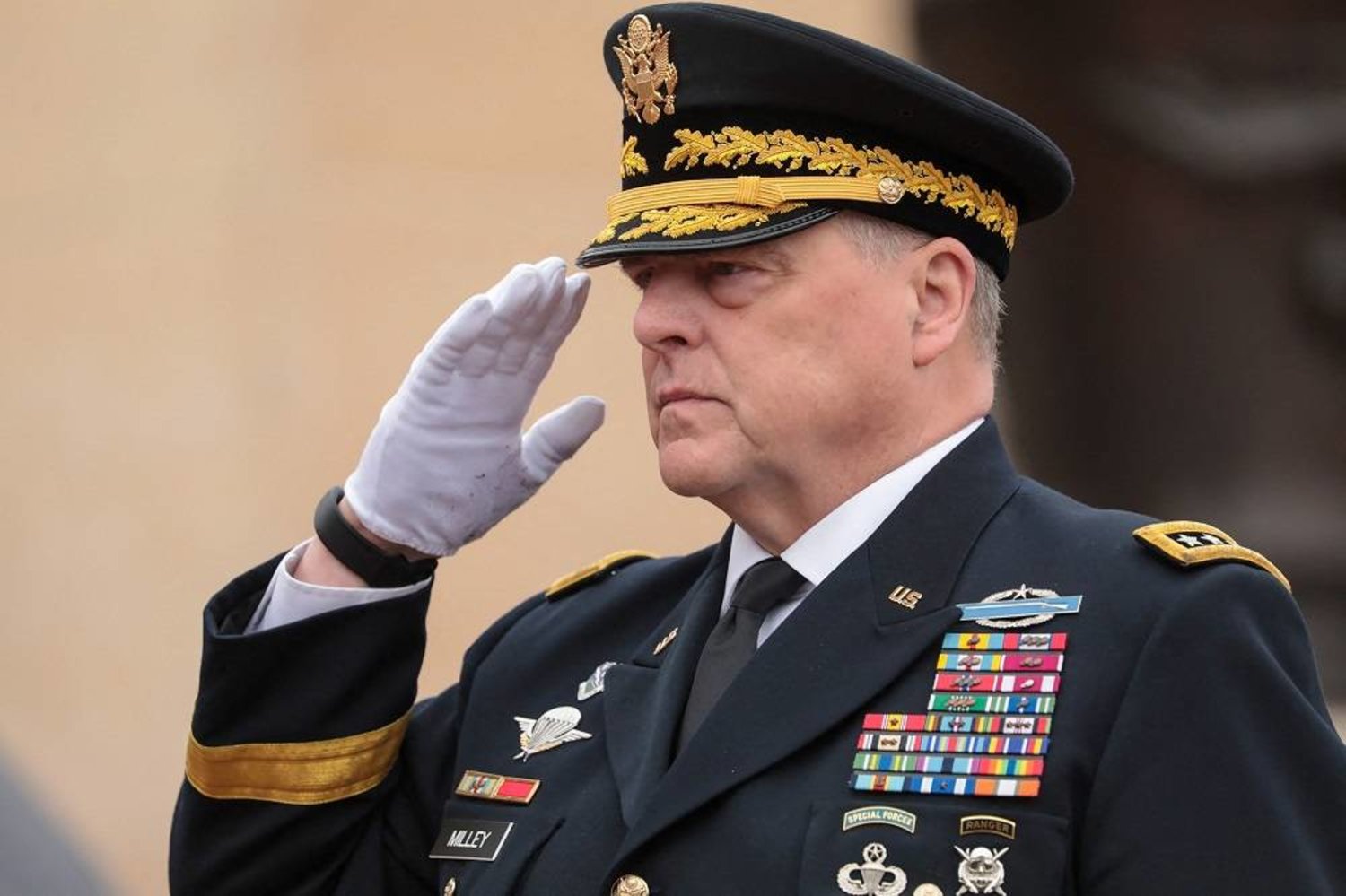 US Chairman of the Joint Chiefs of Staff US General Mark A Milley attends a ceremony at the Normandy American Cemetery and Memorial, as part of the 79th anniversary of the World War II "D-Day" Normandy landings, in Colleville-sur-Mer, Normandy, on June 6, 2023. (AFP) 