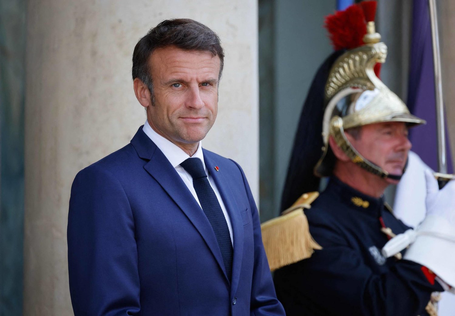 France's President Emmanuel Macron awaits the arrival of Madagascar's President for a meeting at the Elysee Palace in Paris, on June 9, 2023. (Photo by Ludovic MARIN / AFP)