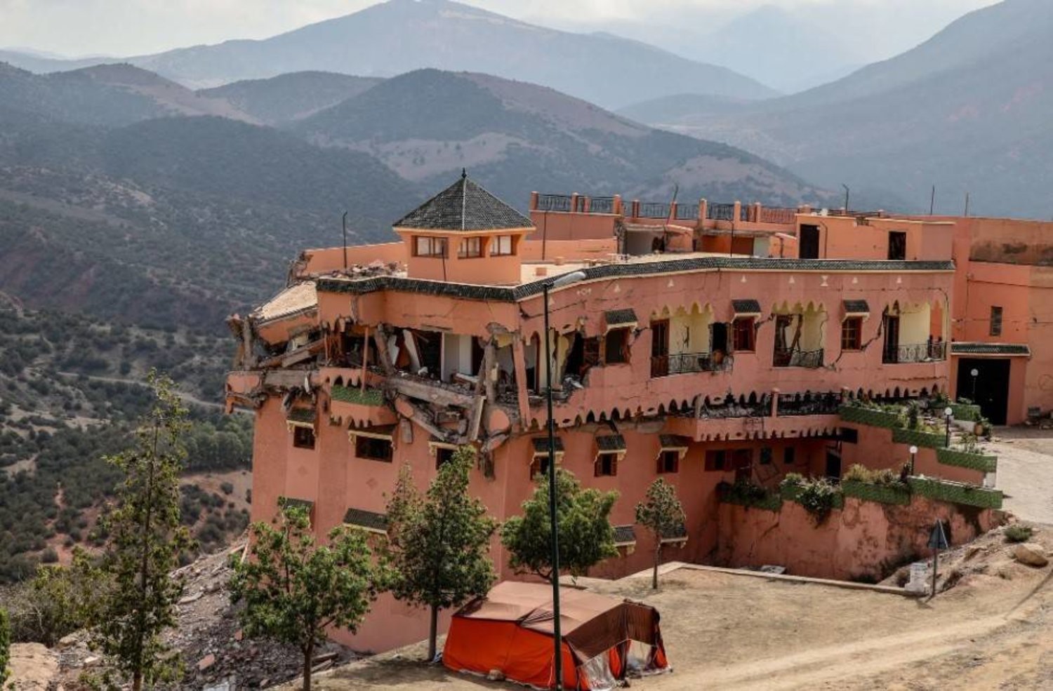 A damaged hotel in the town of Moulay Brahim, about 45 miles south of Marrakesh. Credit...Tiago Petinga/EPA, via Shutterstock
