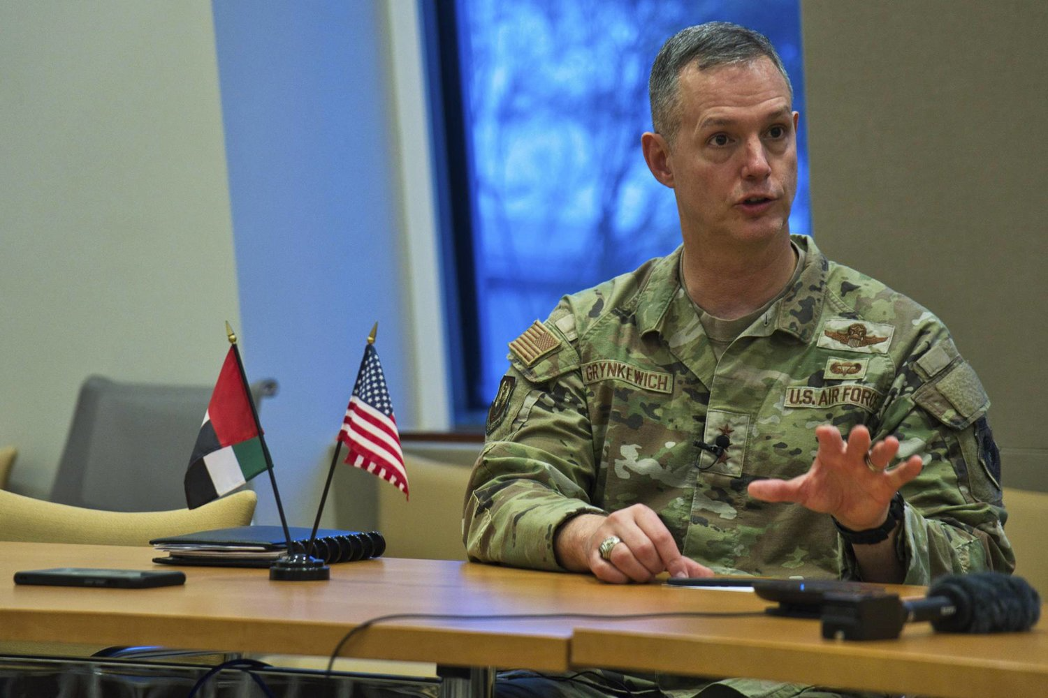 Lt. Gen. Alexus Grynkewich, the head of US Air Force Central, holds a press briefing at the US embassy in Abu Dhabi (AP)