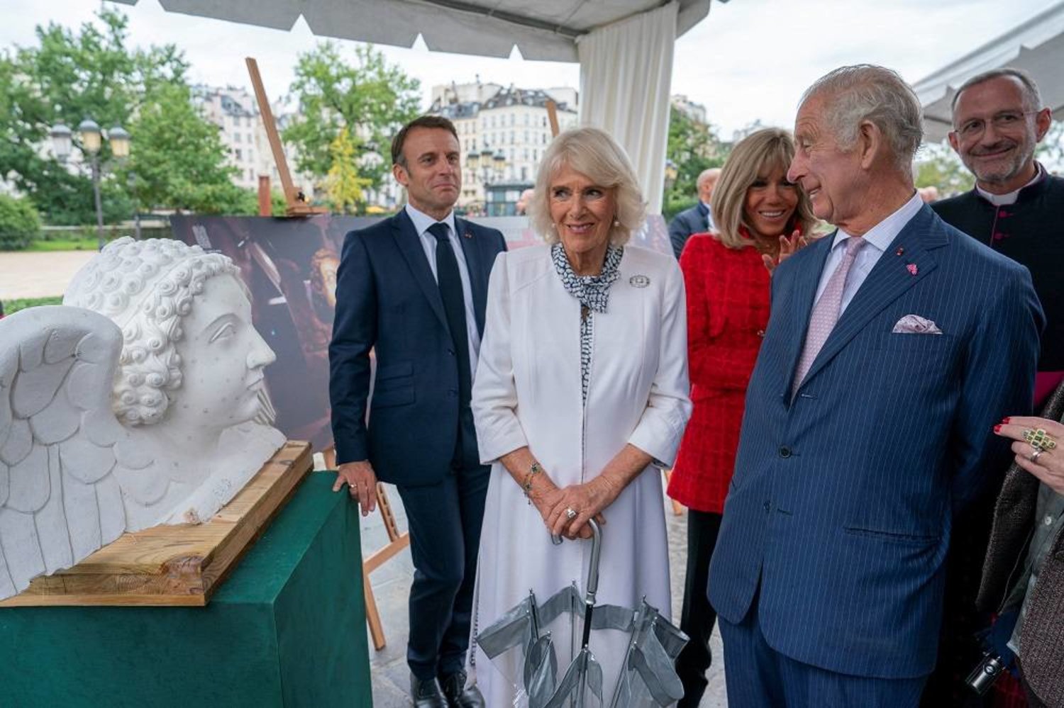Britain's King Charles and Britain's Queen Camilla visit Notre Dame Cathedral to see the restoration work in progress, in Paris, France, September 21, 2023. (Reuters)