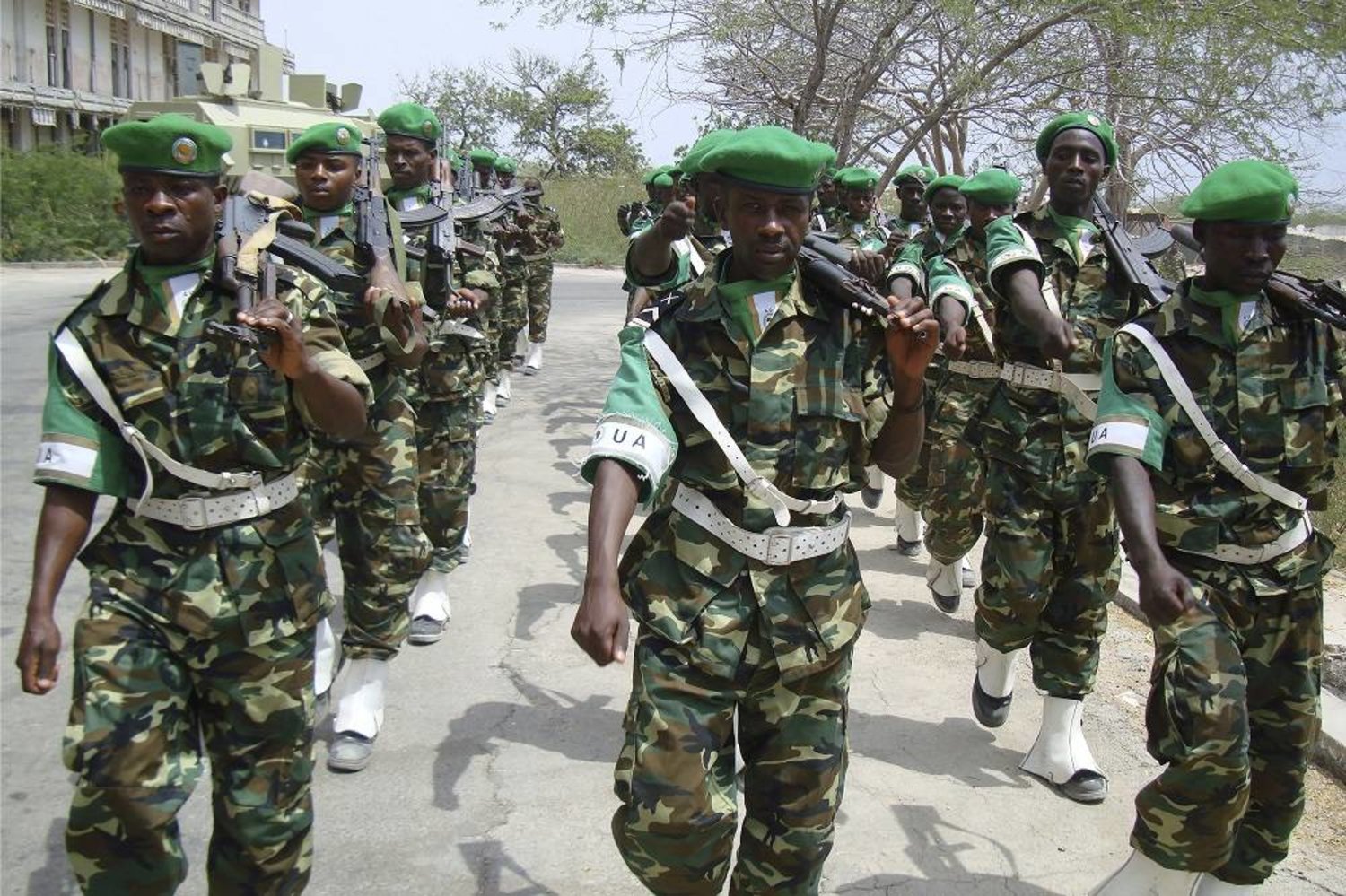 Burundian soldiers, part of the African Union troops, march at their base in Mogadishu, Somalia, Jan. 24, 2011. (AP)