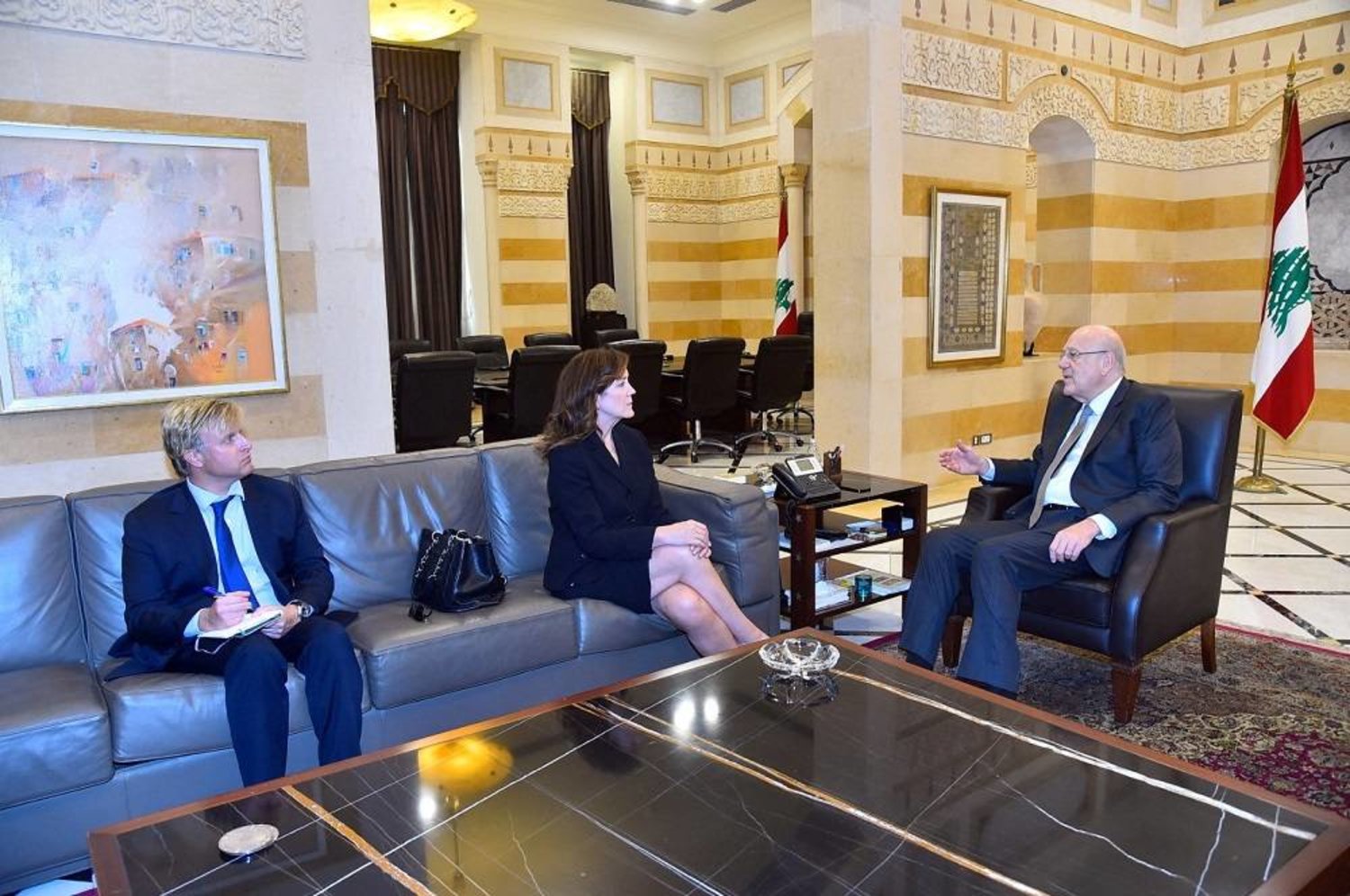 Dorothy Shea, US ambassador to Lebanon, meets with Lebanon's caretaker Prime Minister Najib Mikati, in Beirut, Lebanon, in this handout released on September 22, 2023. (Dalati & Nohra)