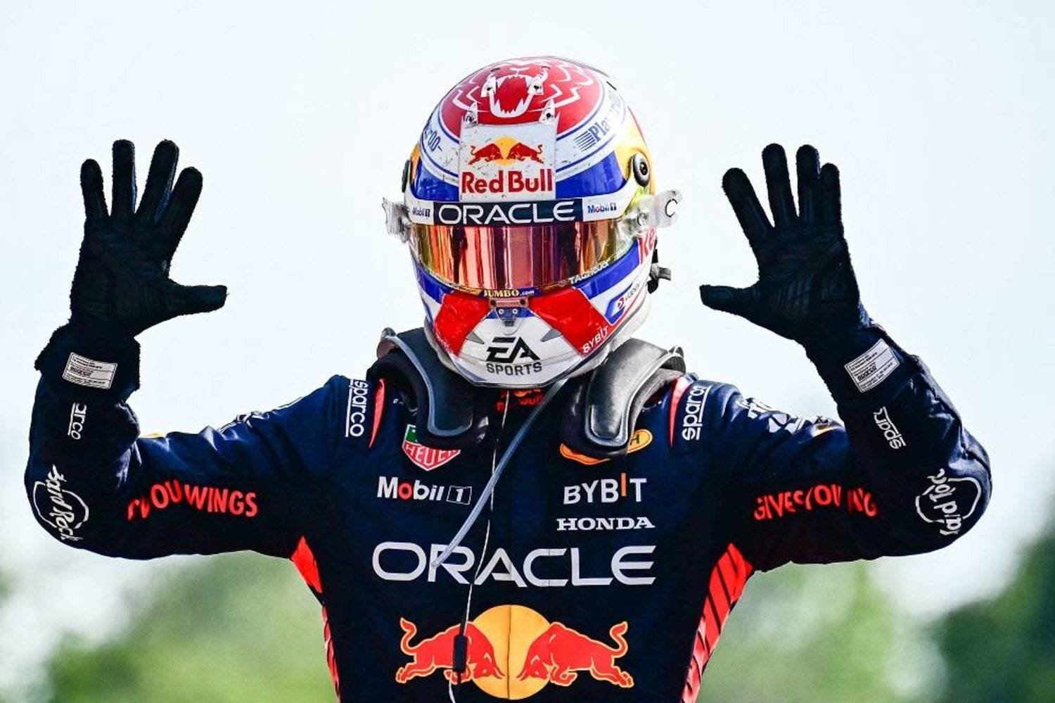 Red Bull Racing's Dutch driver Max Verstappen celebrates after winning the Italian Formula One Grand Prix race at Autodromo Nazionale Monza circuit, in Monza on September 3, 2023. (AFP)
