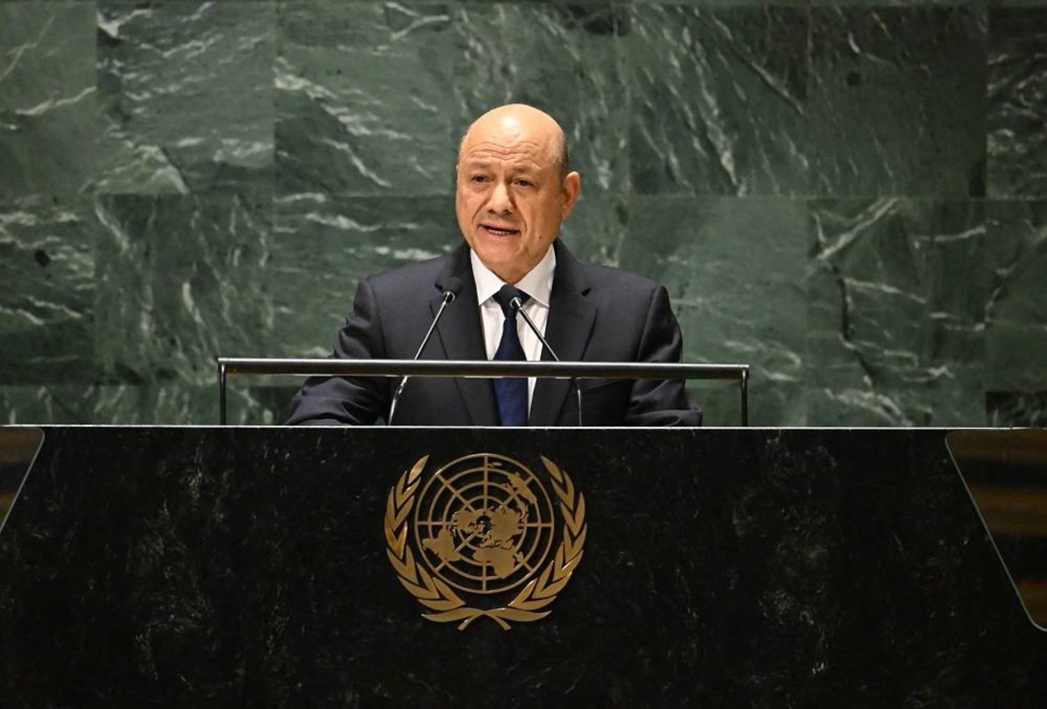  Chairman of Yemen's Presidential Leadership Council, Dr. Rashad al-Alimi, addresses the 78th United Nations General Assembly at UN headquarters in New York City on September 21, 2023. (AFP)