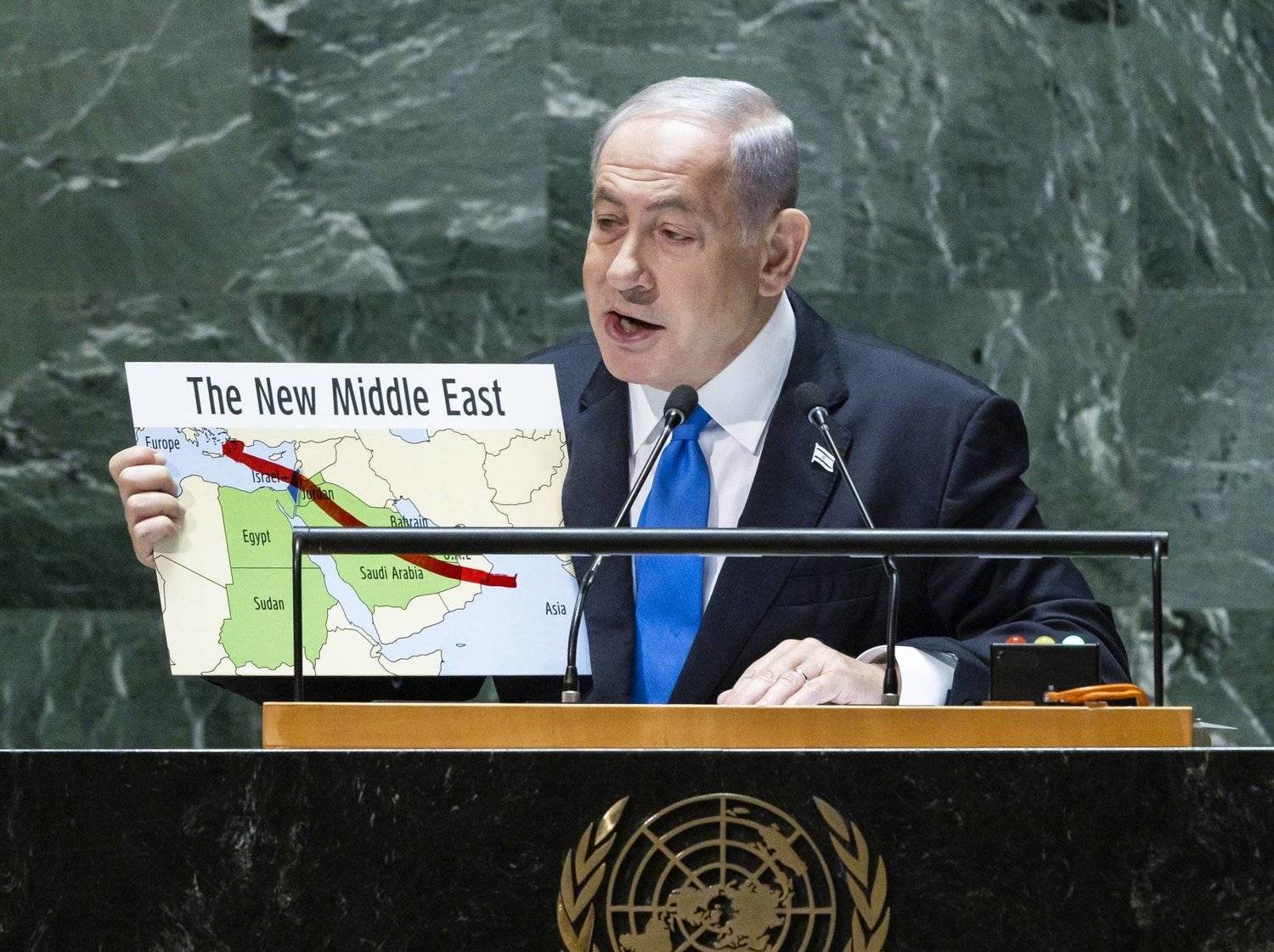 Israeli Prime Minister Benjamin Netanyahu shows a map of what he called the "New Middle East" during his speech before the United Nations General Assembly on Friday. (EPA) 