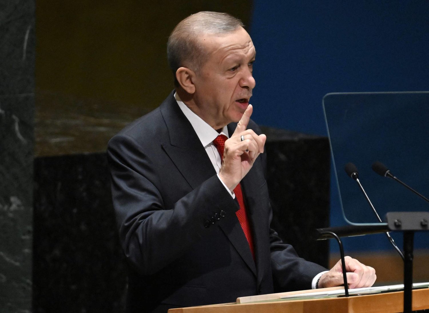 Turkish President Recep Tayyip Erdogan addresses the 78th United Nations General Assembly at UN headquarters in New York City on September 19, 2023. (Photo by Ed JONES / AFP)
