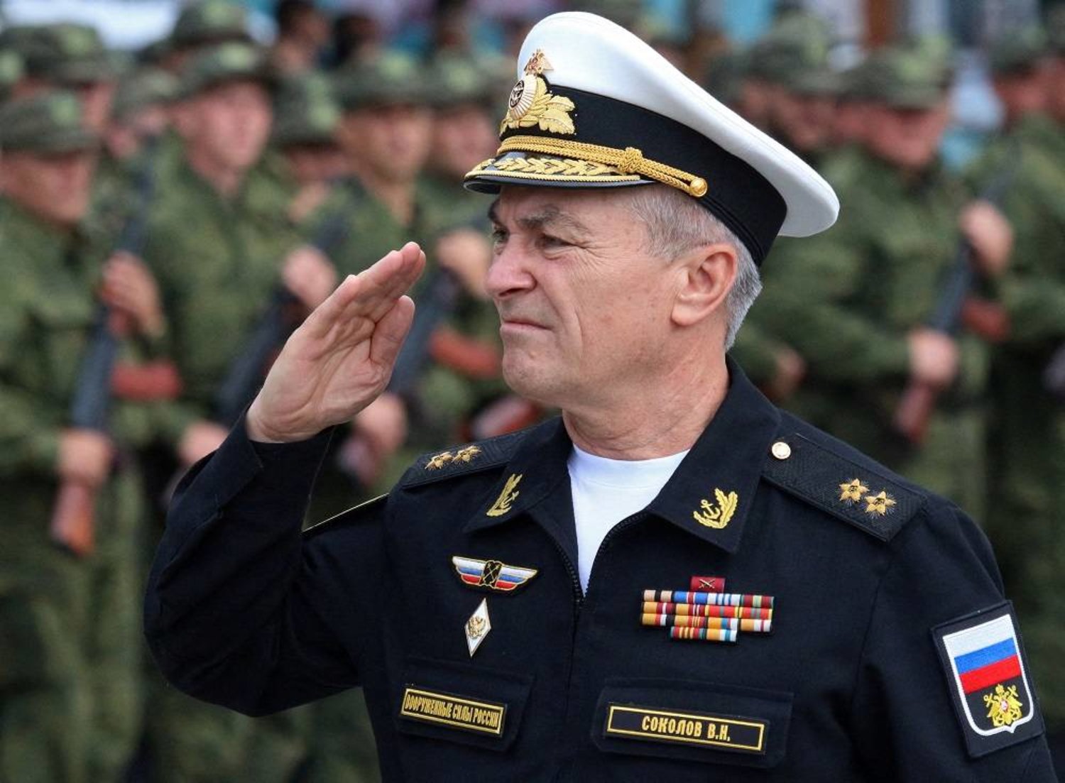Commander of the Russian Black Sea Fleet Vice-Admiral Viktor Sokolov salutes during a send-off ceremony for reservists drafted during partial mobilisation, in Sevastopol, Crimea September 27, 2022. (Reuters)