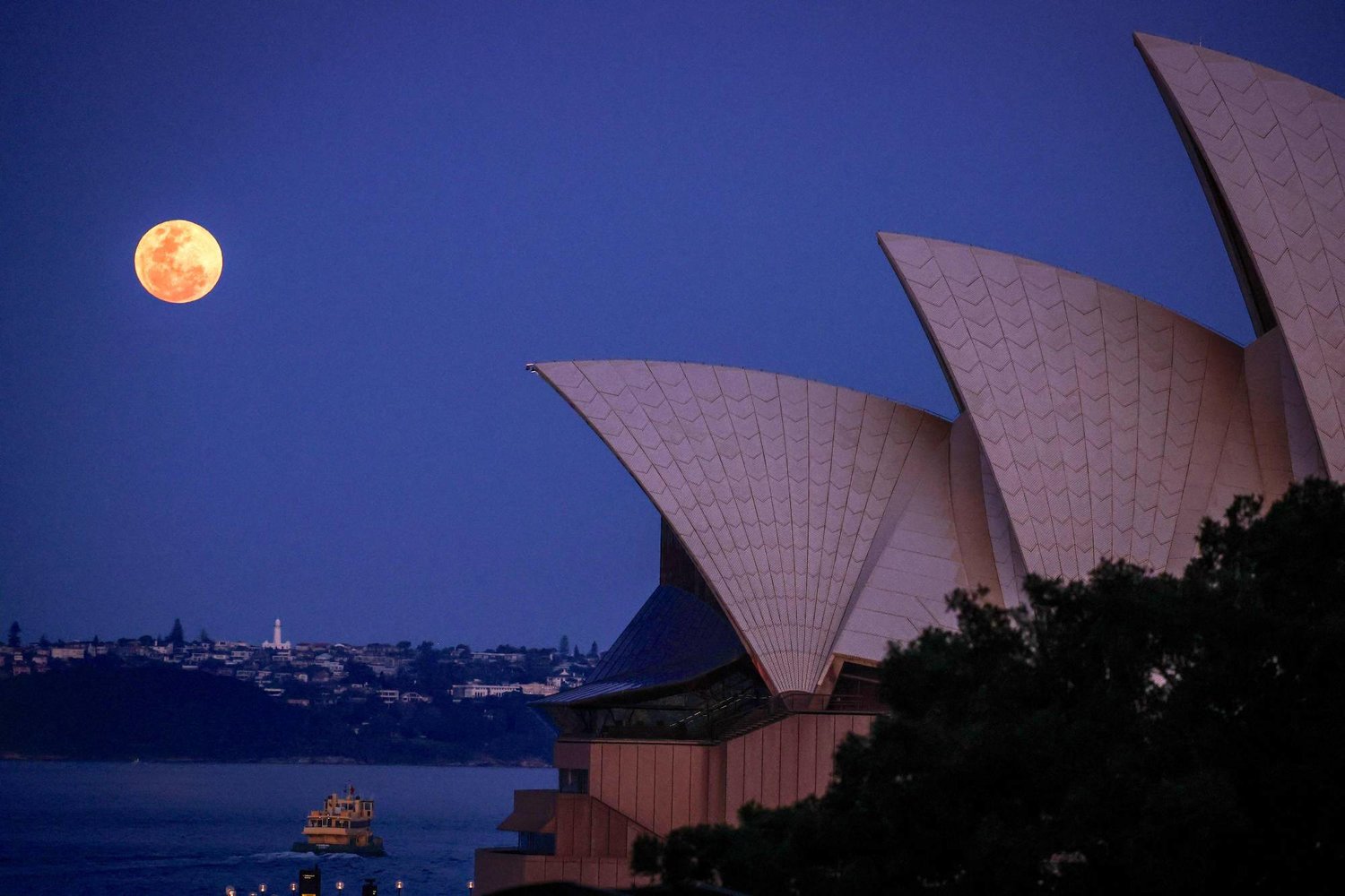 The full moon, a supermoon also known as the "Harvest Moon", rises above Macquarie Lighthouse and the Sydney Opera House in Sydney on September 29, 2023. (Photo by DAVID GRAY / AFP)