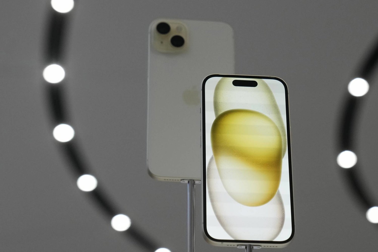 FILE - The iPhone 15 phones are shown during an announcement of new products on the Apple campus in Cupertino, Calif., Tuesday, Sept. 12, 2023. (AP Photo/Jeff Chiu, File)