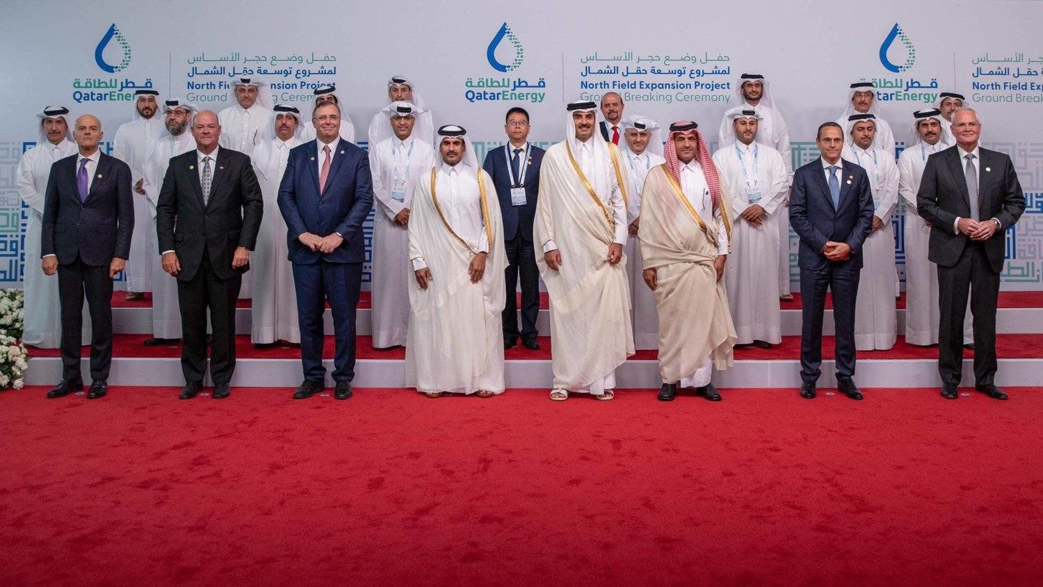 Emir of Qatar Sheikh Tamim bin Hamad Al Thani and officials during the ceremony to lay the foundation stone for the North Field gas expansion project. (X platform)