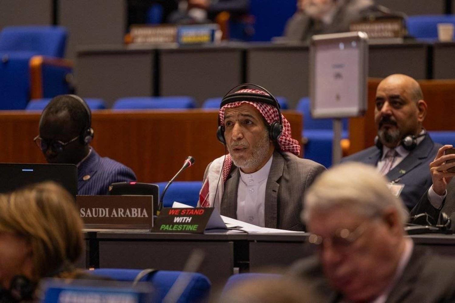 Saudi Ambassador to the Netherlands and the Kingdom’s Permanent Representative to the Organization for the Prohibition of Chemical Weapons Ziad Al-Atiya delivers his remarks at the conference in The Hague. (SPA)