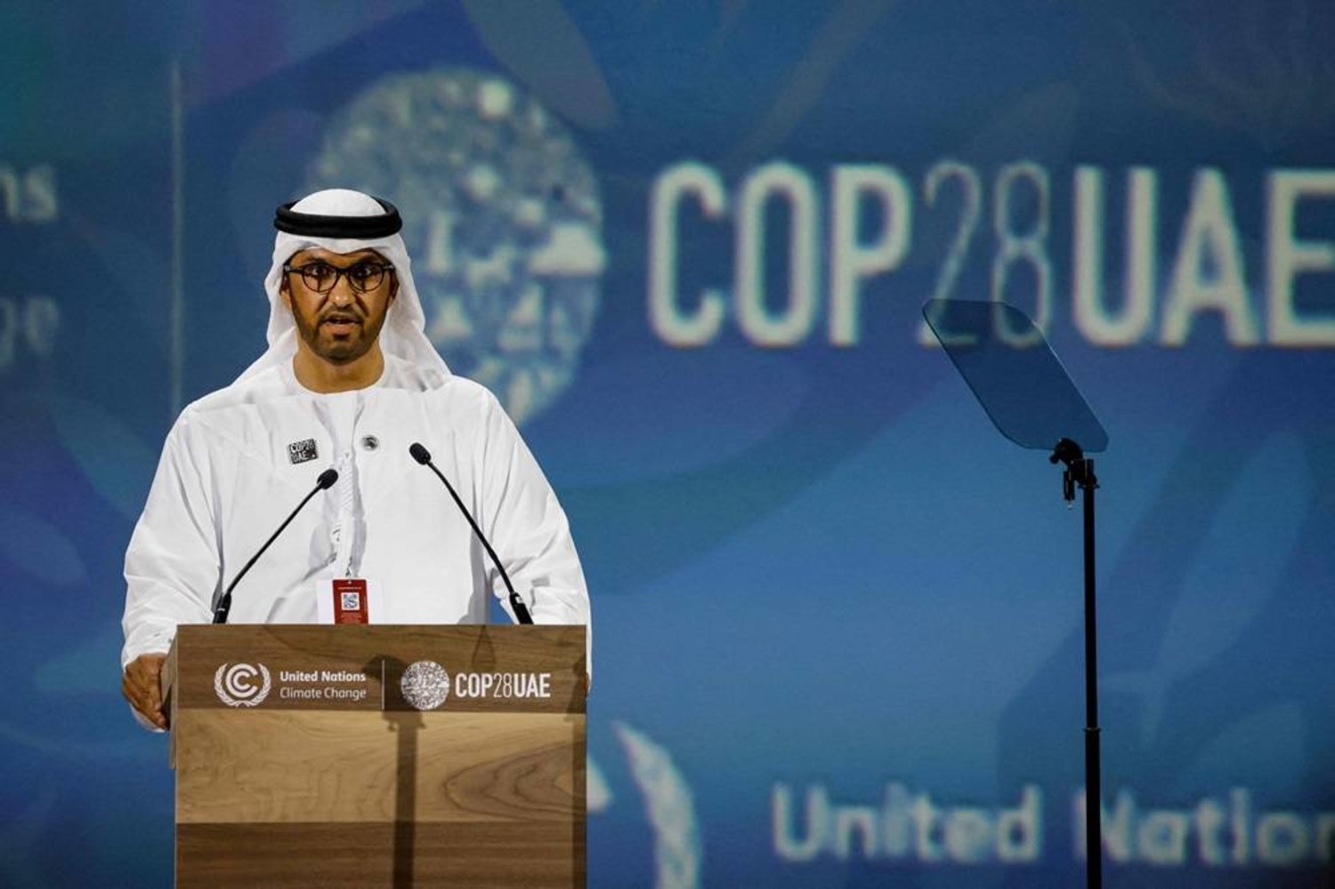 COP28 president Sultan Ahmed Al Jaber speaks during the Transforming Food Systems in the Face of Climate Change event on the sidelines of the COP28 climate summit at Dubai Expo on December 1, 2023. (AFP) 