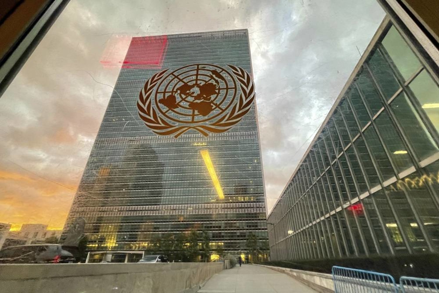 The United Nations headquarters building is seen from inside the General Assembly hall, on Sept. 21, 2021. (AP)