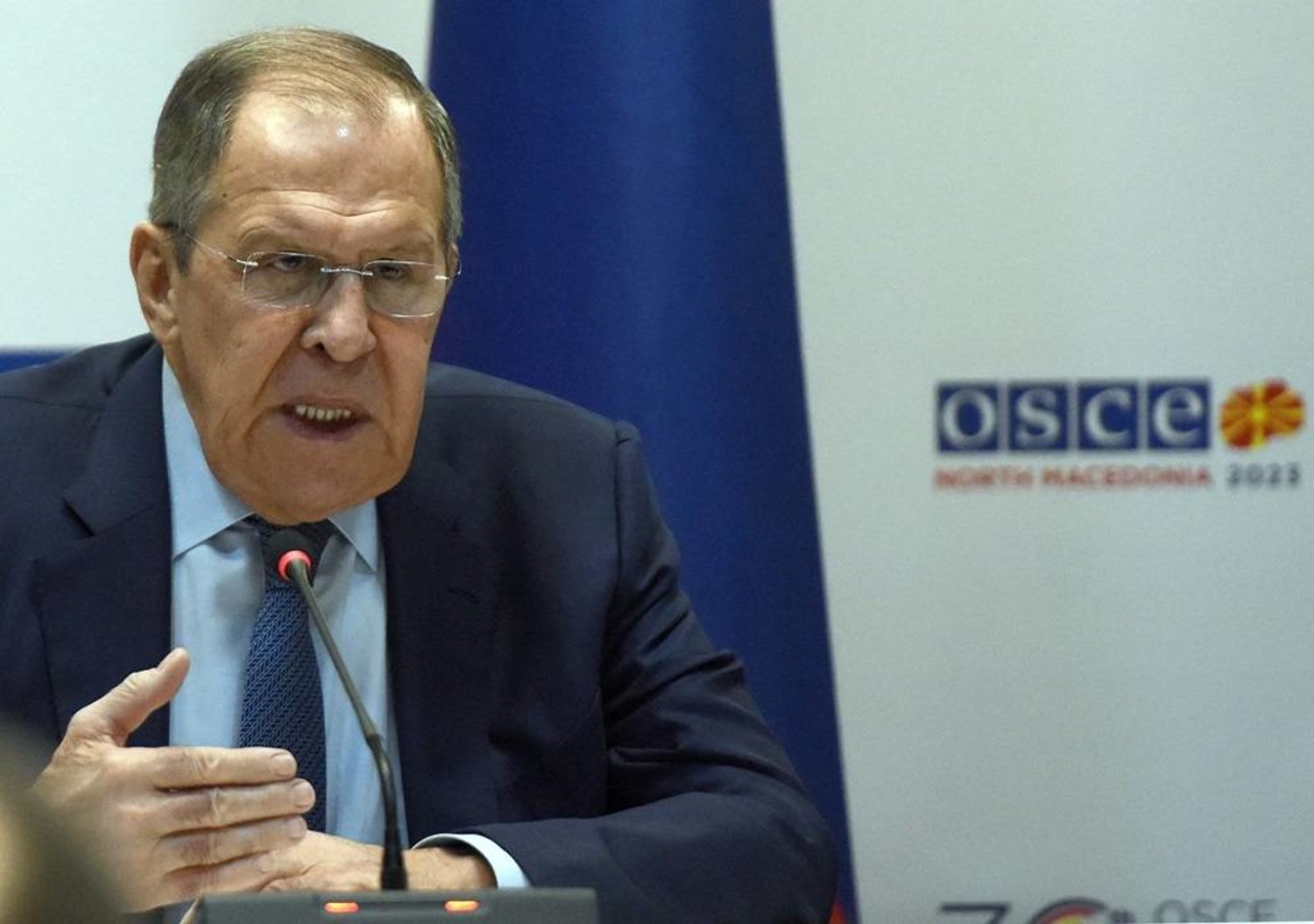 Russian Foreign Minister Sergei Lavrov holds a press conference on the sidelines of a two-day conference of the Organization for Security and Cooperation (OSCE) in Skopje on December 1, 2023. (AFP)