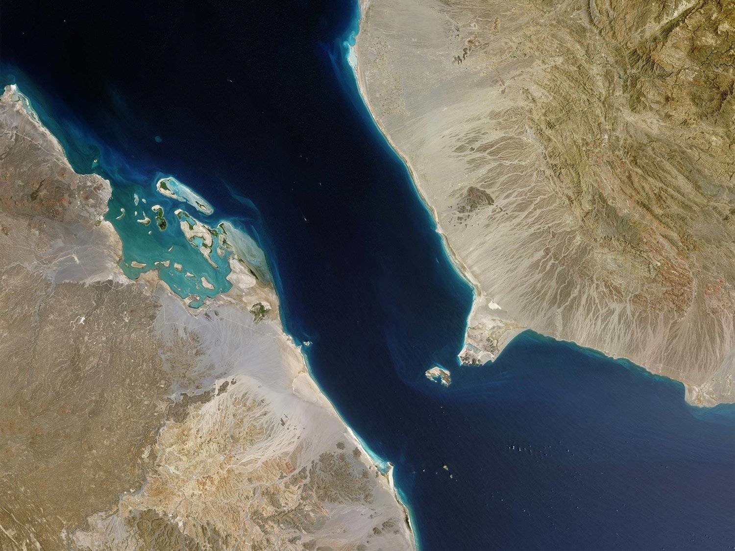 A satellite view of the Red Sea's Bab al-Mandab strait. NASA